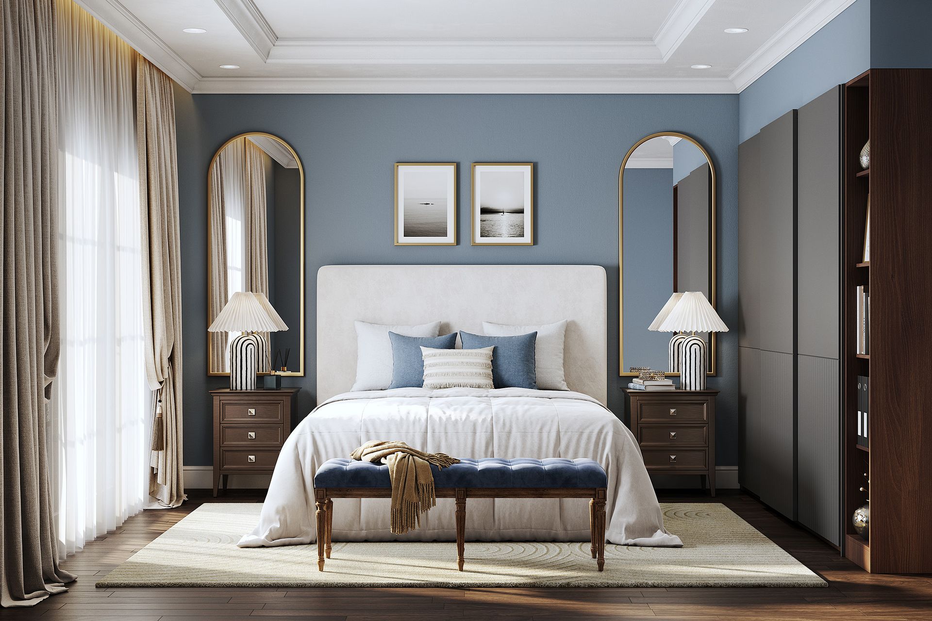 Blue Transitional Living Room Wall Paint Design with White Crown ...