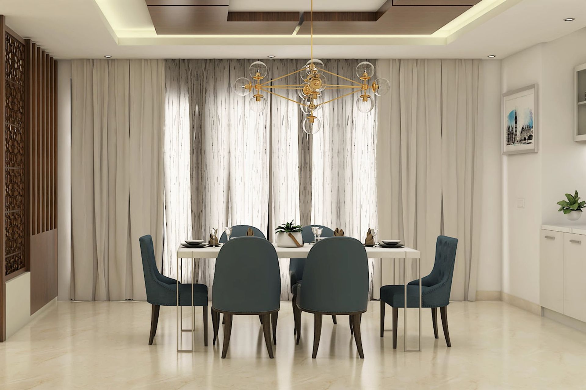 Modern Dining Room With Blue Upholstered Chairs And Large Hanging ...