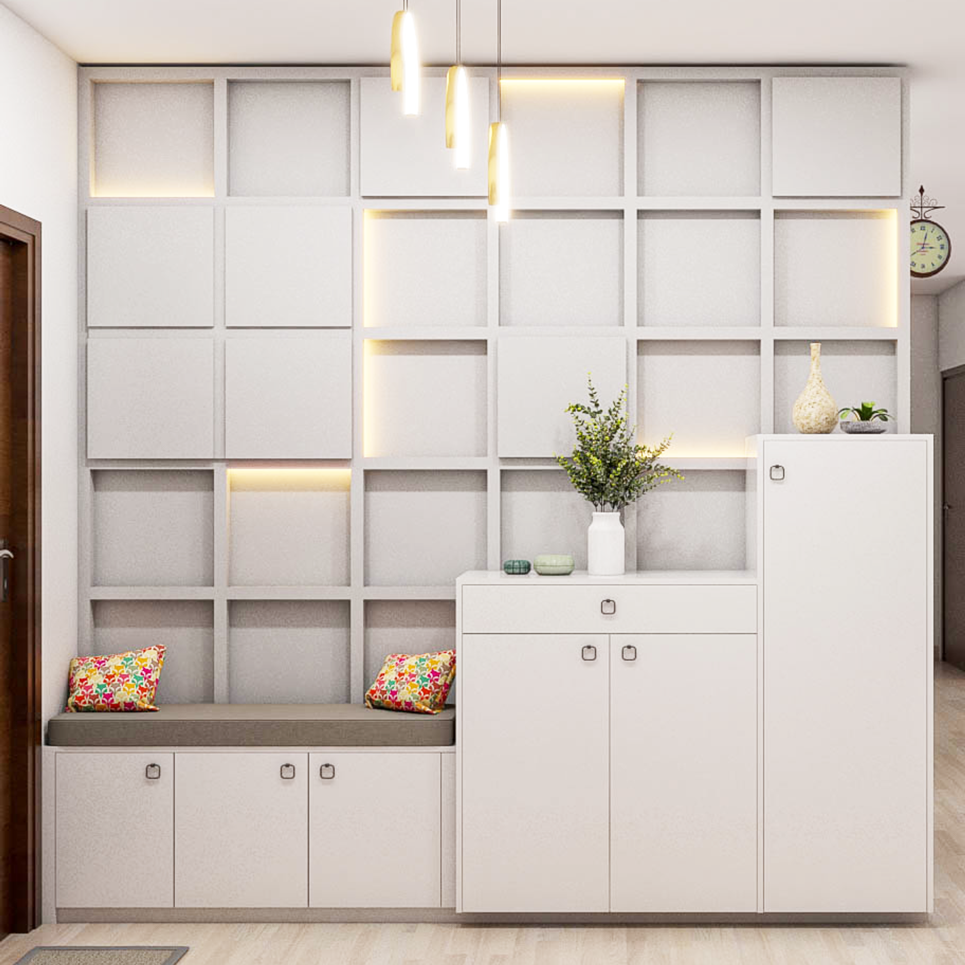 Modern White Themed Foyer Design With Spacious Layout | Livspace