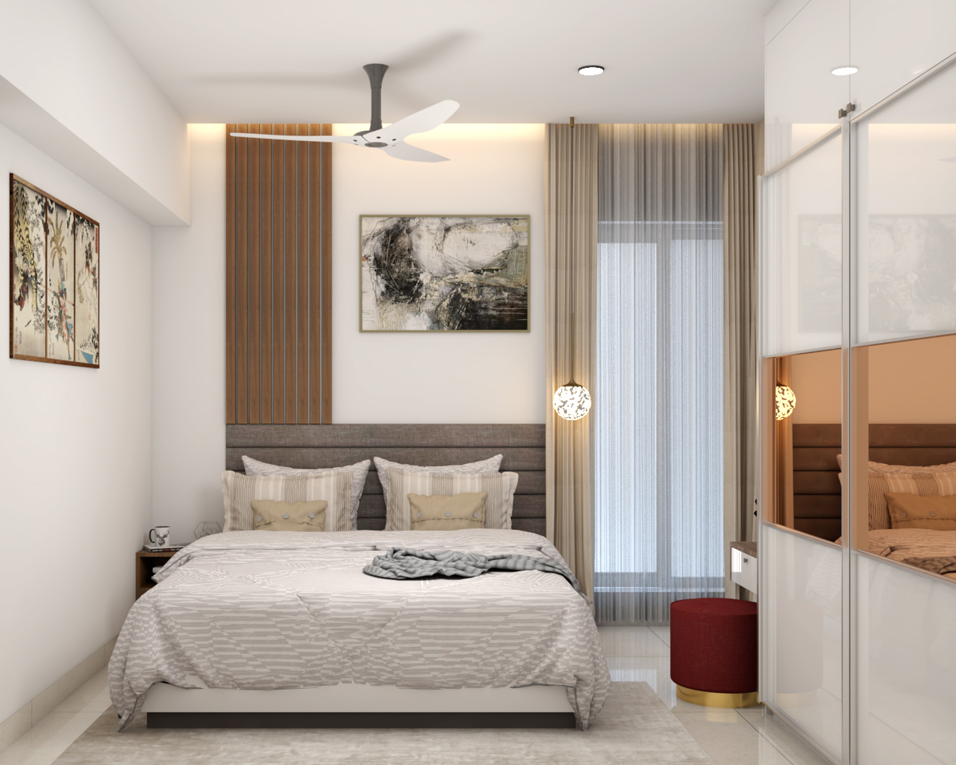 White Spacious Guest Room Design With Wooden Panelling | Livspace