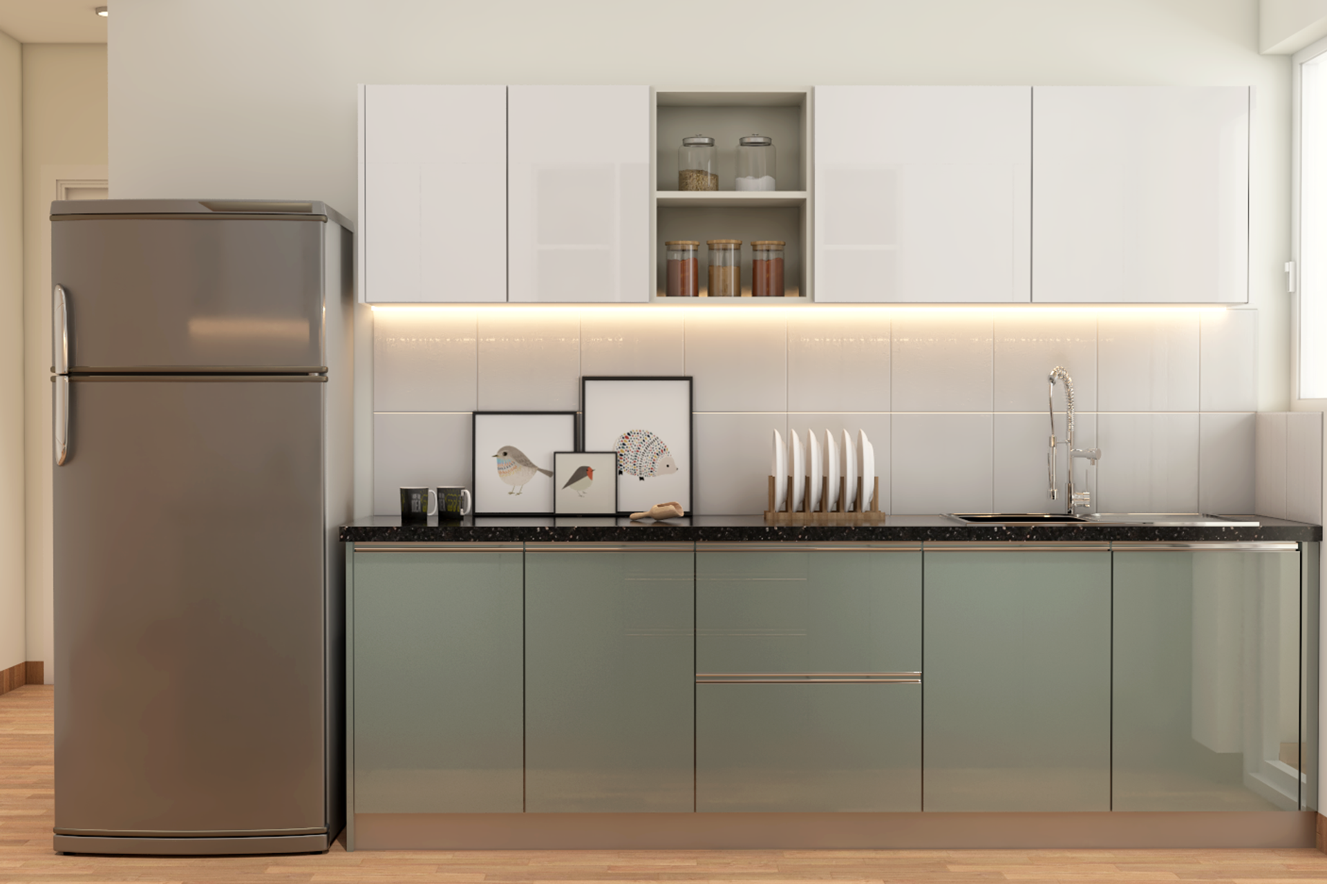 Contemporary Kitchen Design With Chimney And Shelves | Livspace