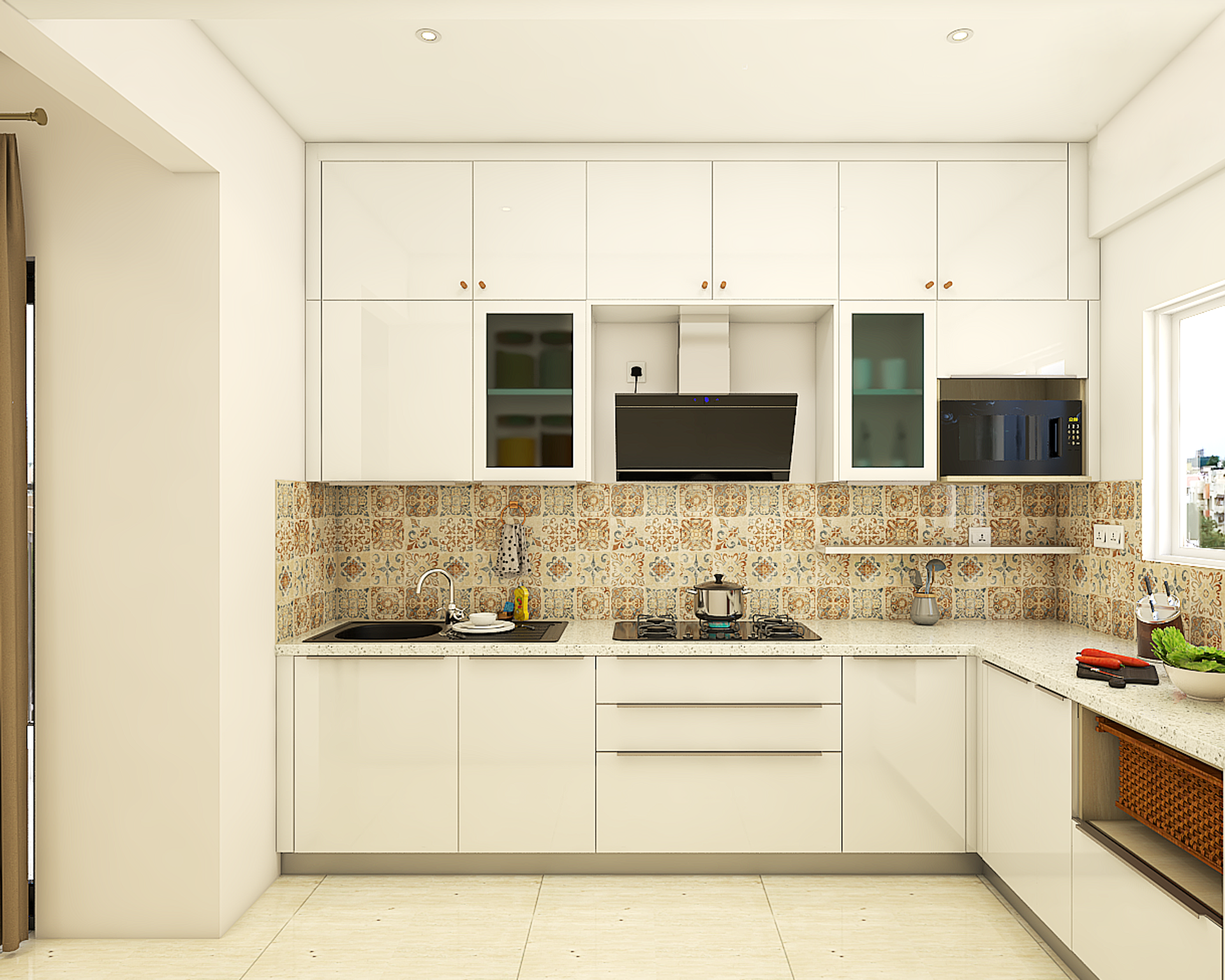 Modern Kitchen With Chic Dado Tiles And White Cabinets | Livspace