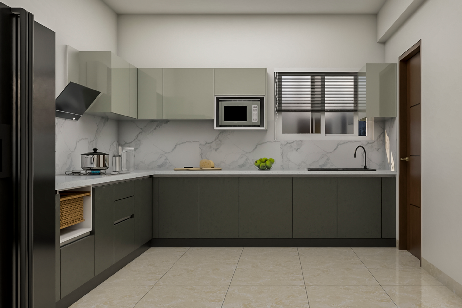 Fresh Kitchen Design With Chimney And Fridge - Livspace
