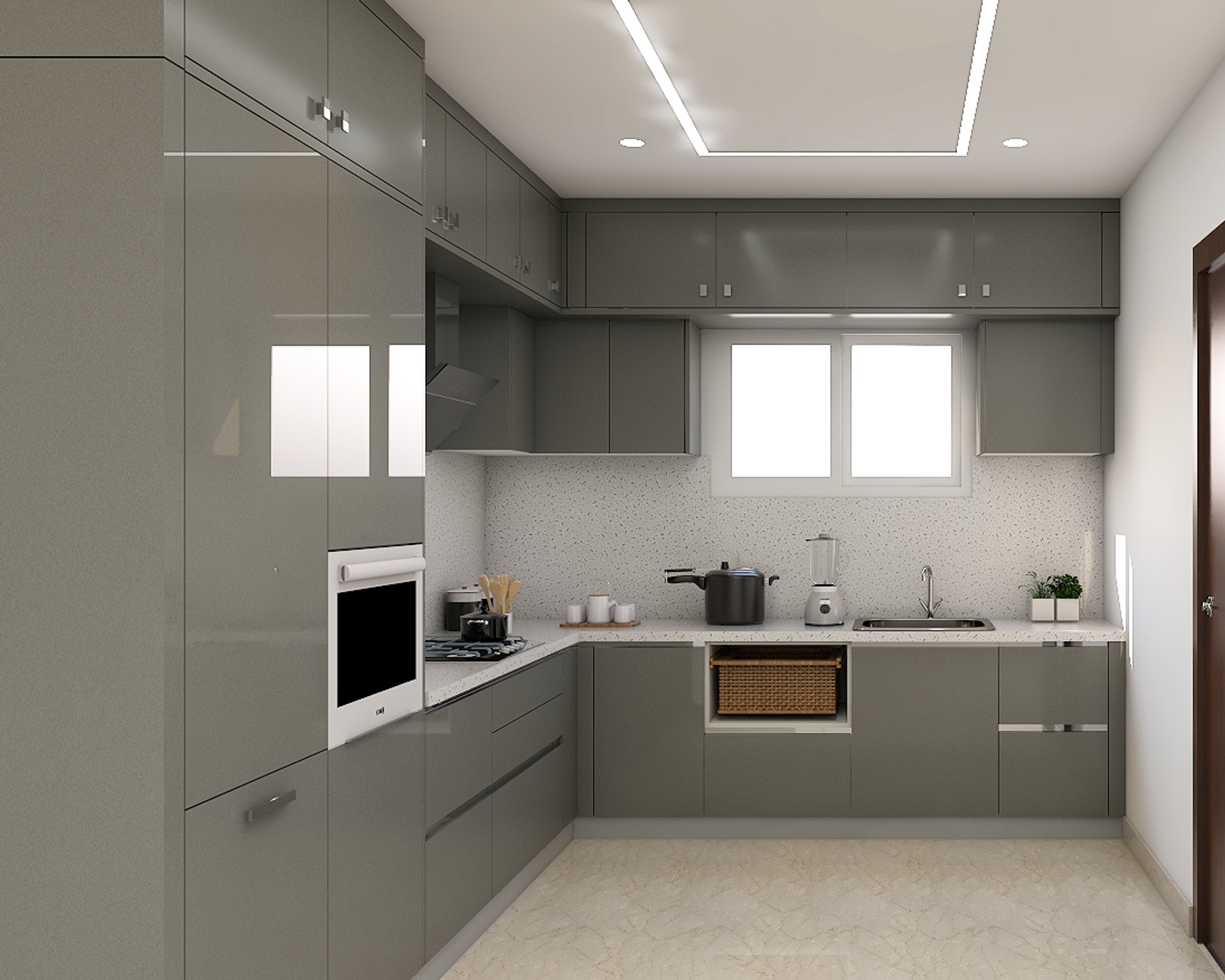 Grey And White L-Shaped Modern Kitchen Design - Livspace