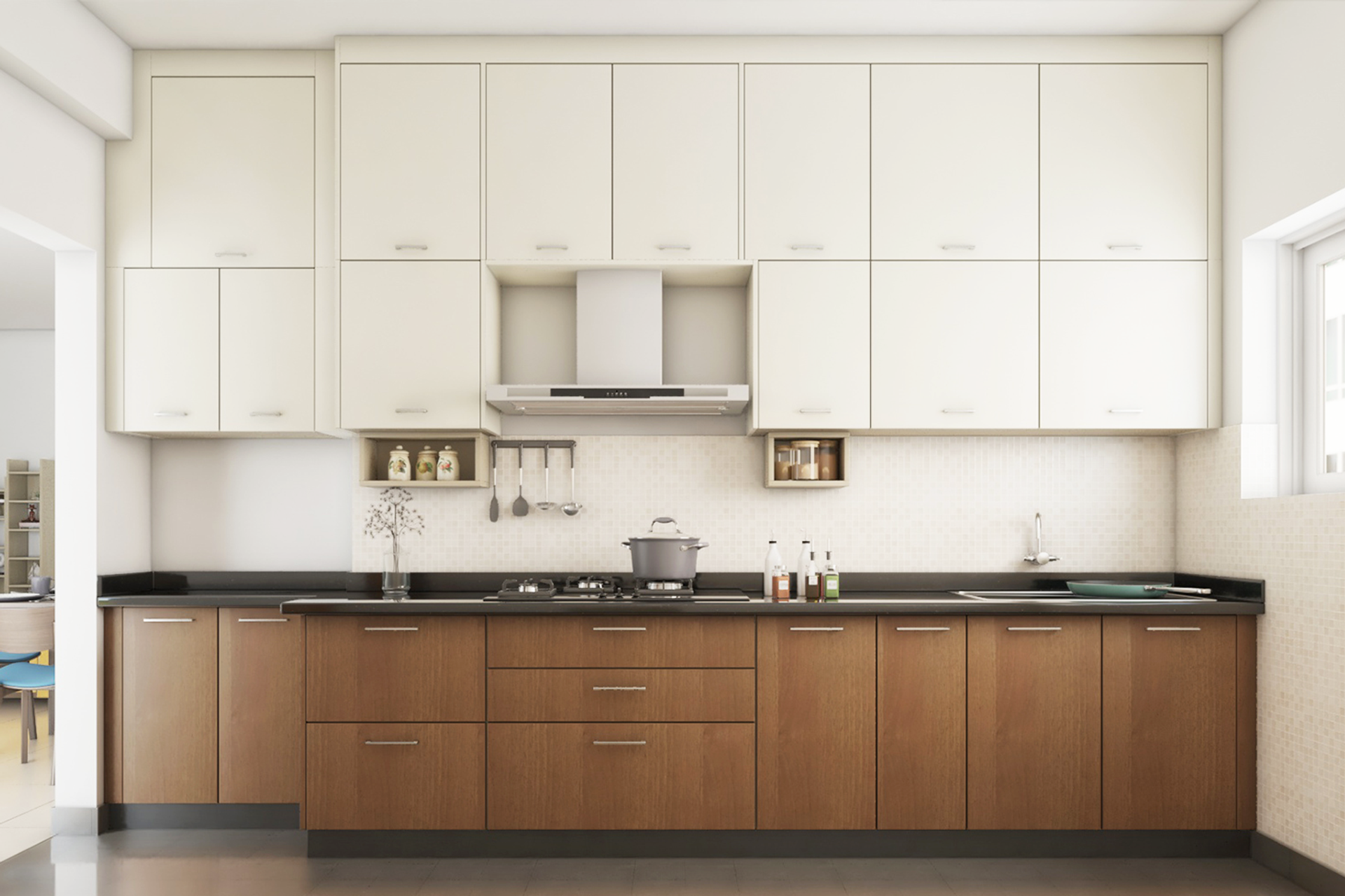 Brown And White Modern Kitchen Design With Chimney | Livspace