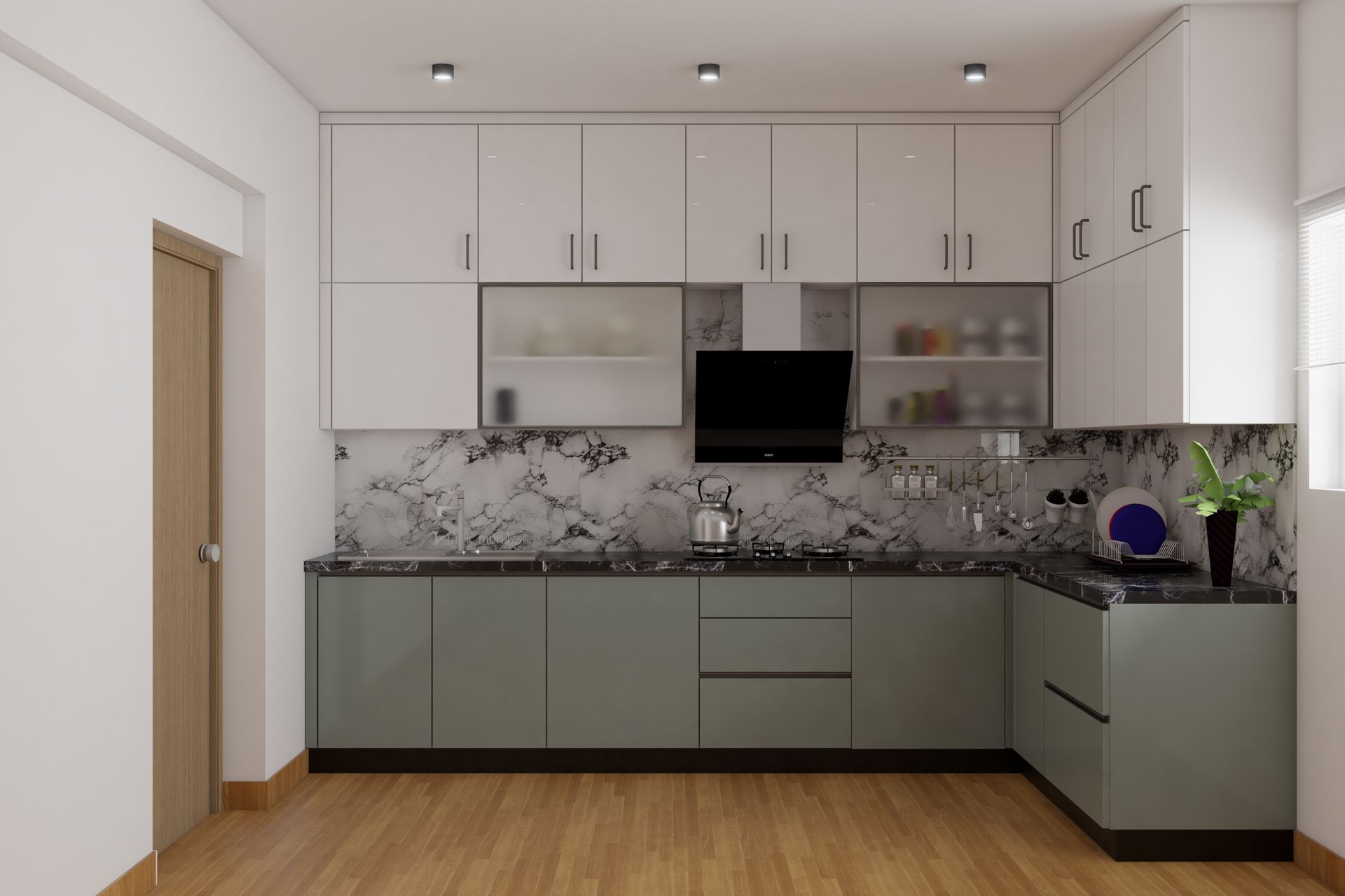 Modern Kitchen Design With White And Grey Cabinets And Marble ...