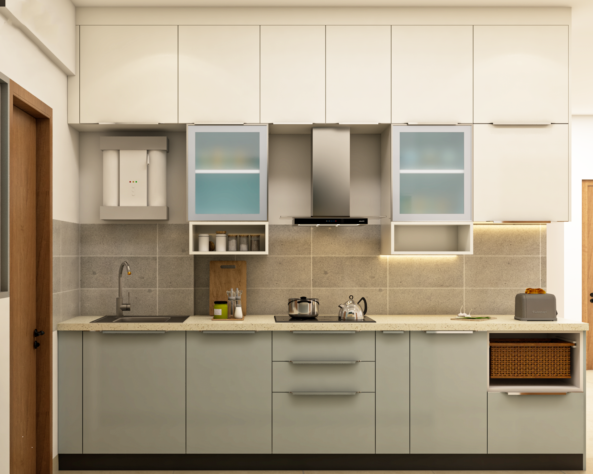 Grey And White Modern Spacious Kitchen Design | Livspace