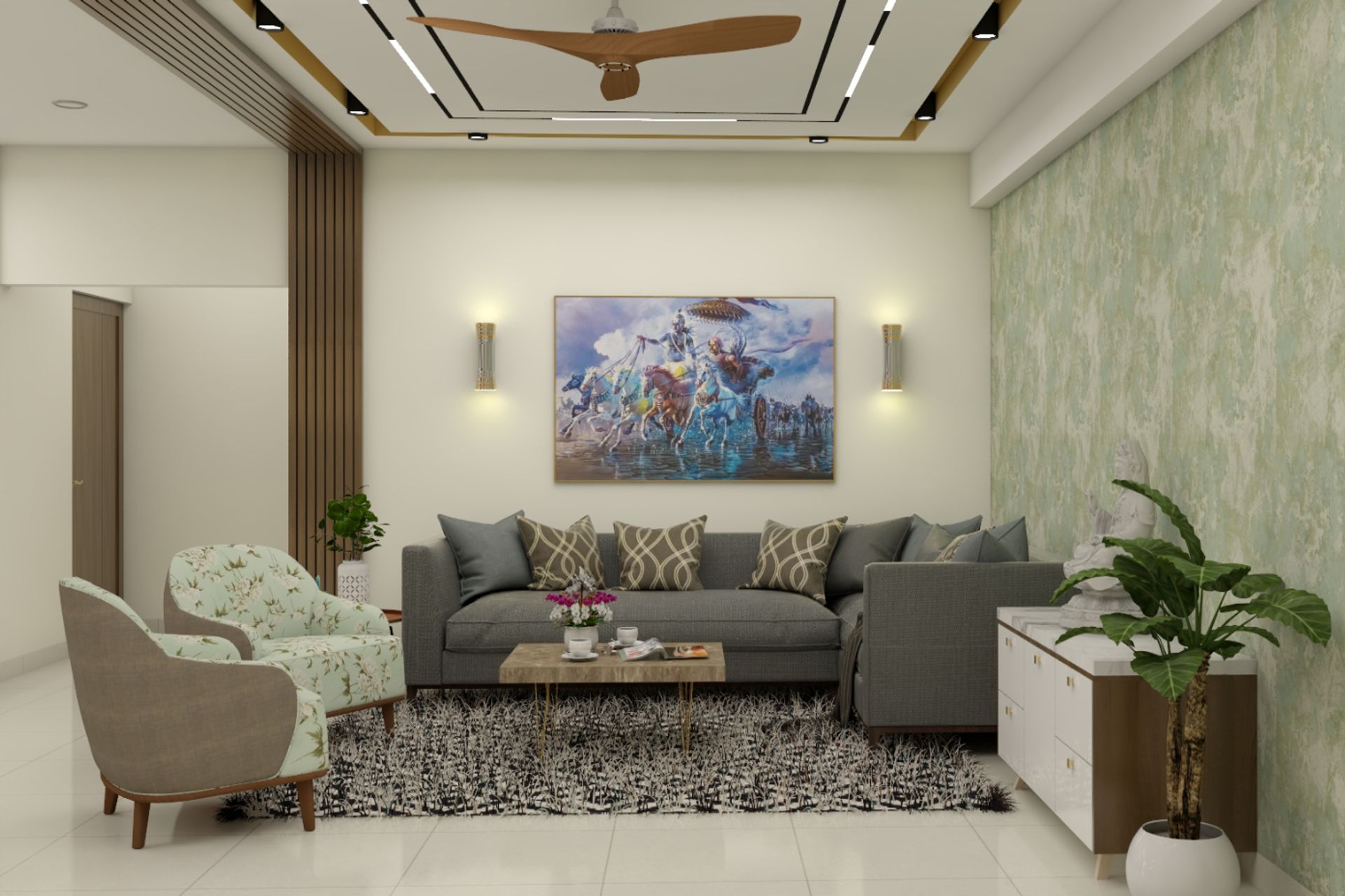 Contemporary Spacious Living Room Design With L-Shaped Sofa | Livspace