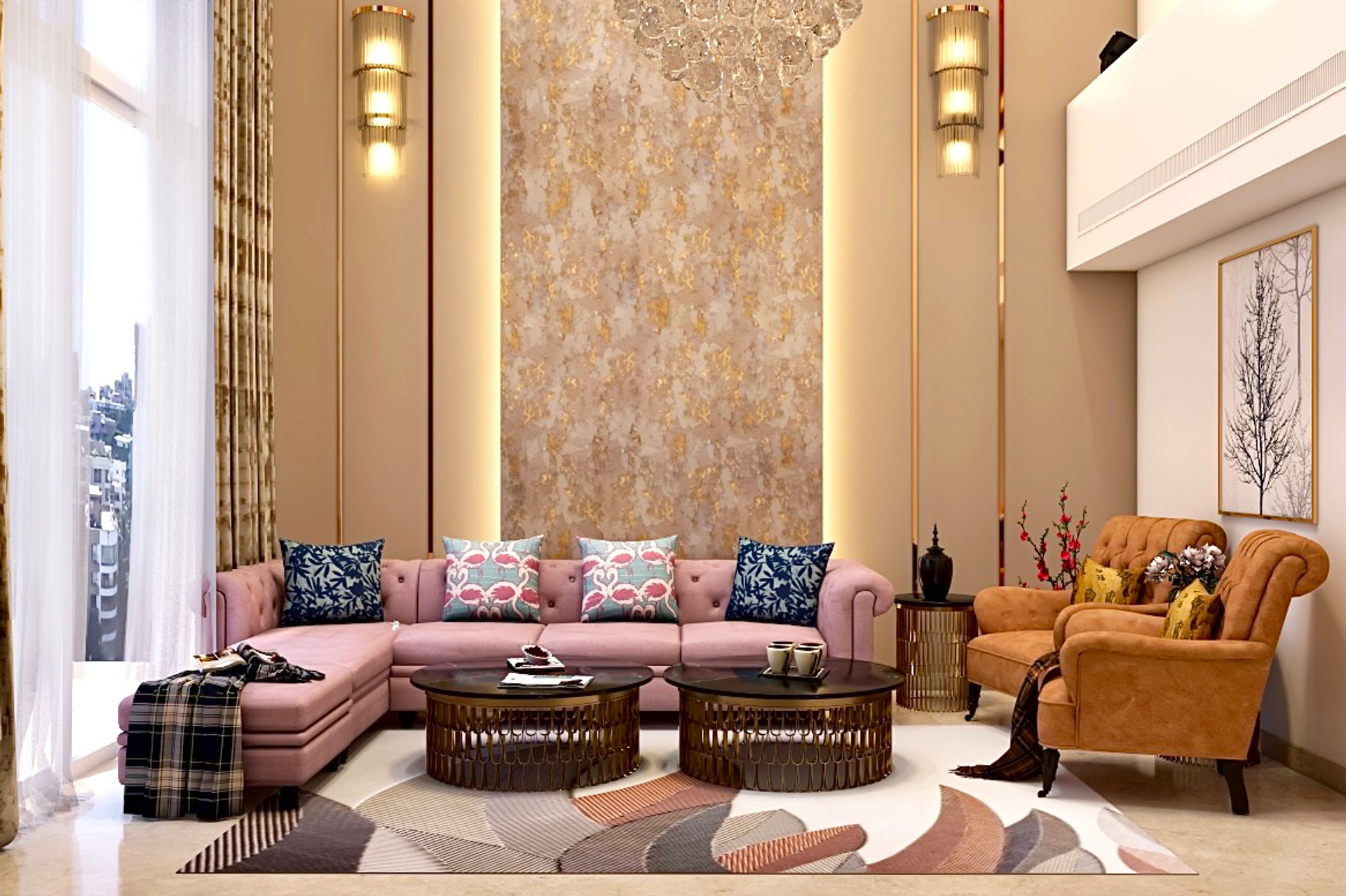 Spacious Living Room Design With Wall-Mounted Lamps | Livspace