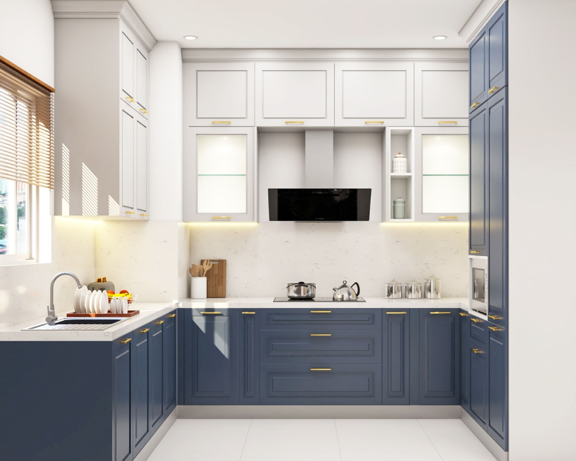 Modular Kitchen Design With Blue And White Cabinets - 12x12 Ft | Livspace