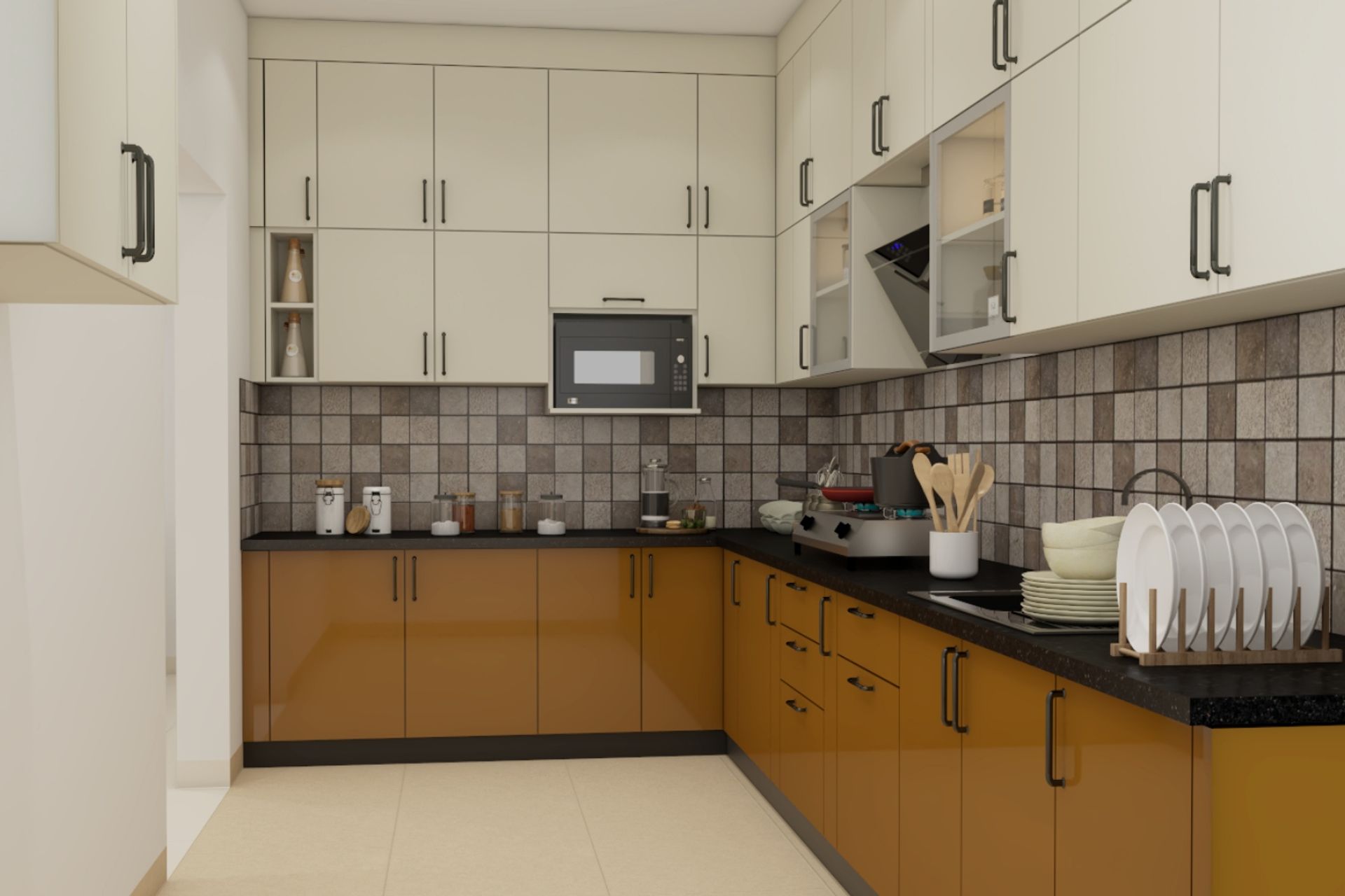 Modular Kitchen Design With Drawers And Loft Storage - 13X11 Ft | Livspace