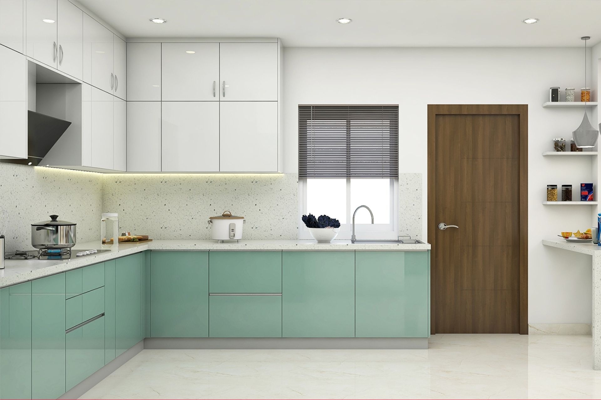 Modular Kitchen Design With Light Green And White Cabinets | Livspace
