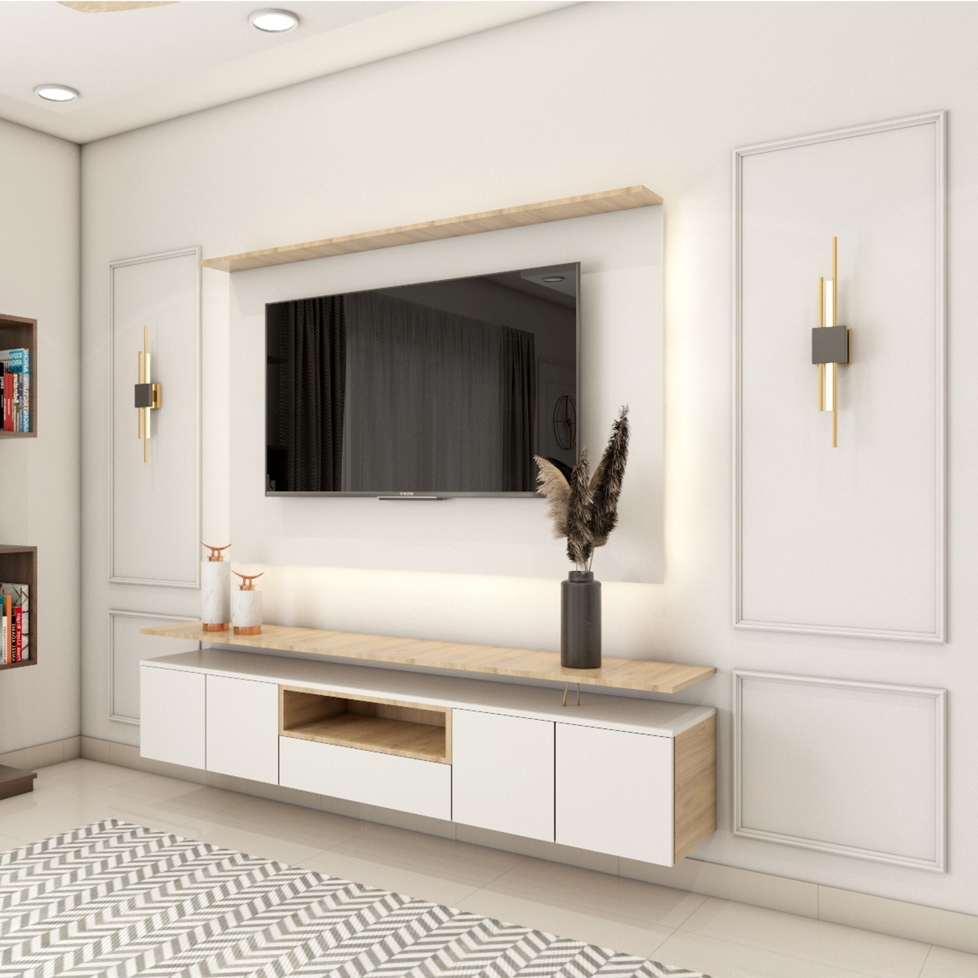 Wall-Mounted TV Cabinet With Open And Closed Storage | Livspace