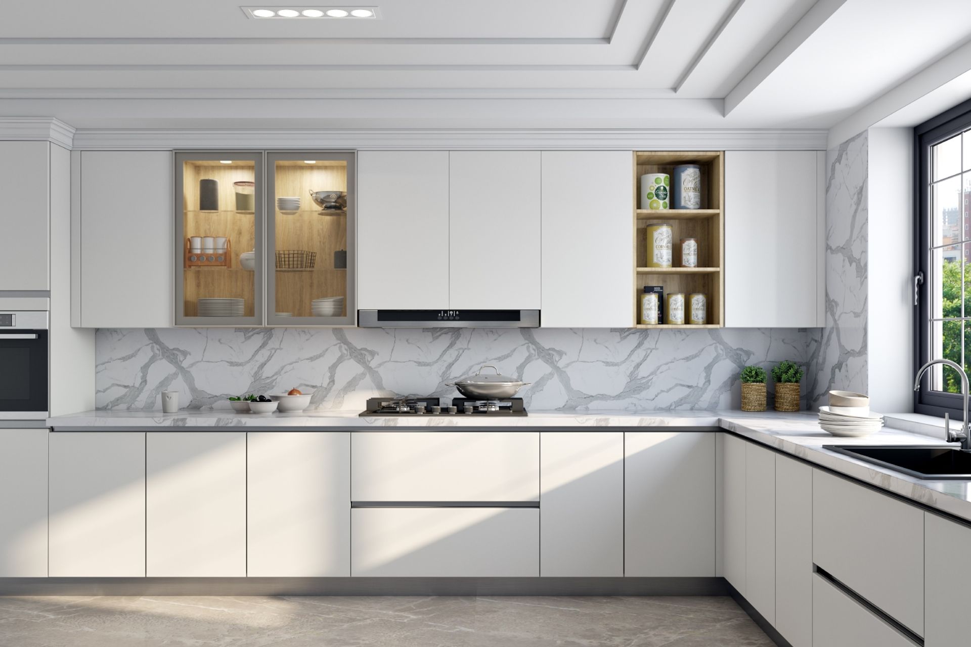 Modern L-Shaped Frosty White Kitchen Design with Marble Backsplash ...