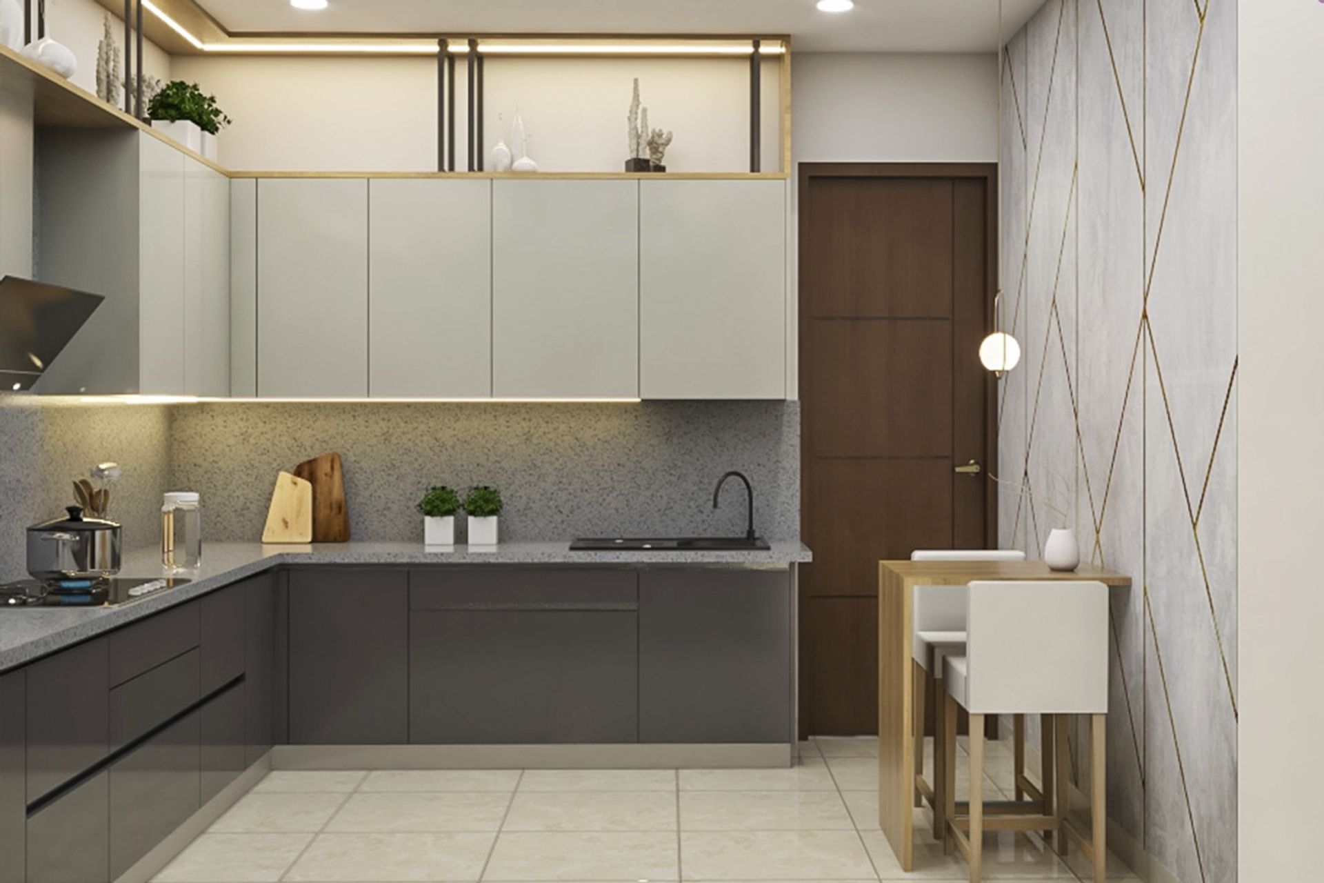Modern U-Shaped Kitchen Design with Gothic Grey and Champagne Cabinets ...