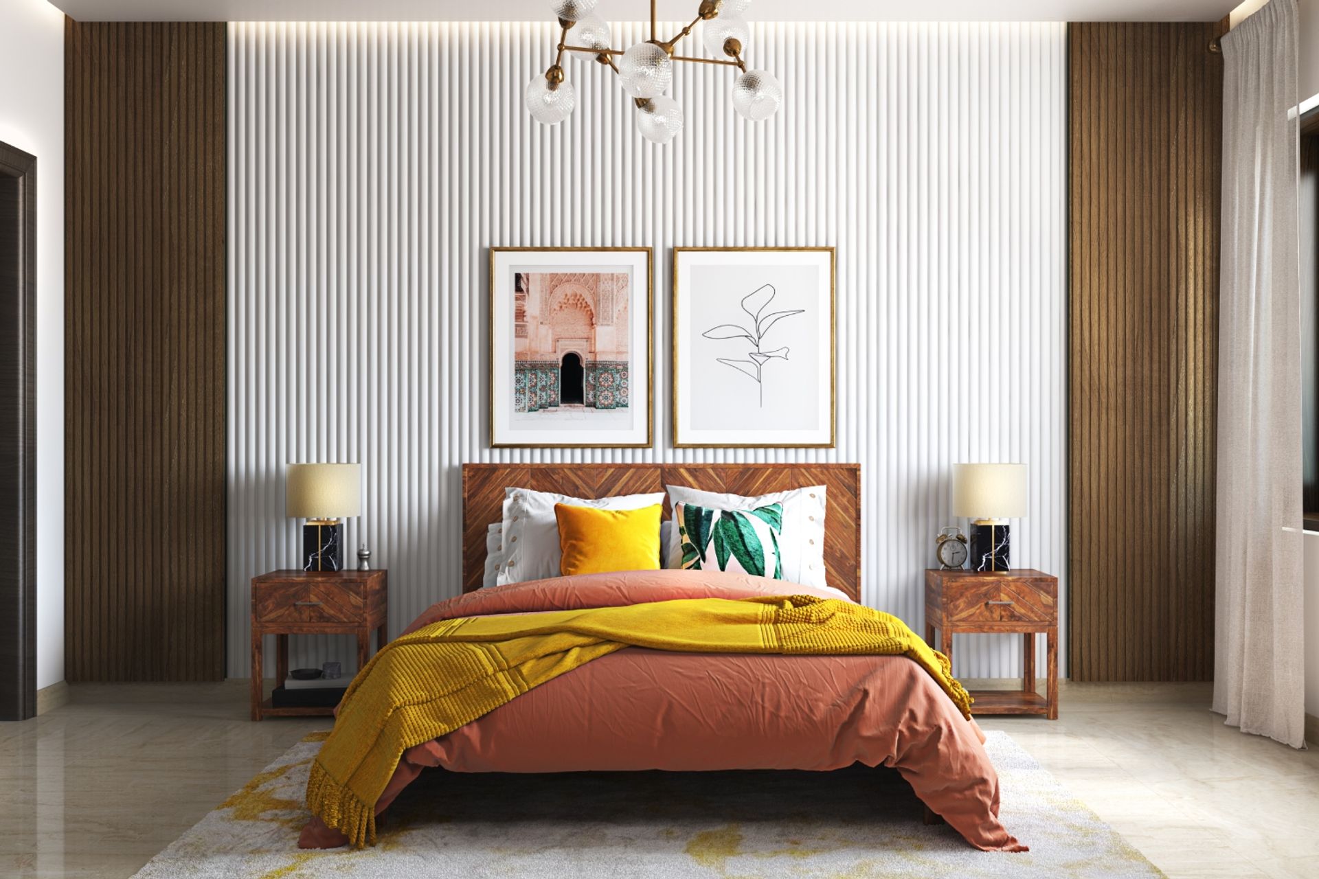 Cozy MidCentury Modern Master Bedroom Design with Natural Wood Tones