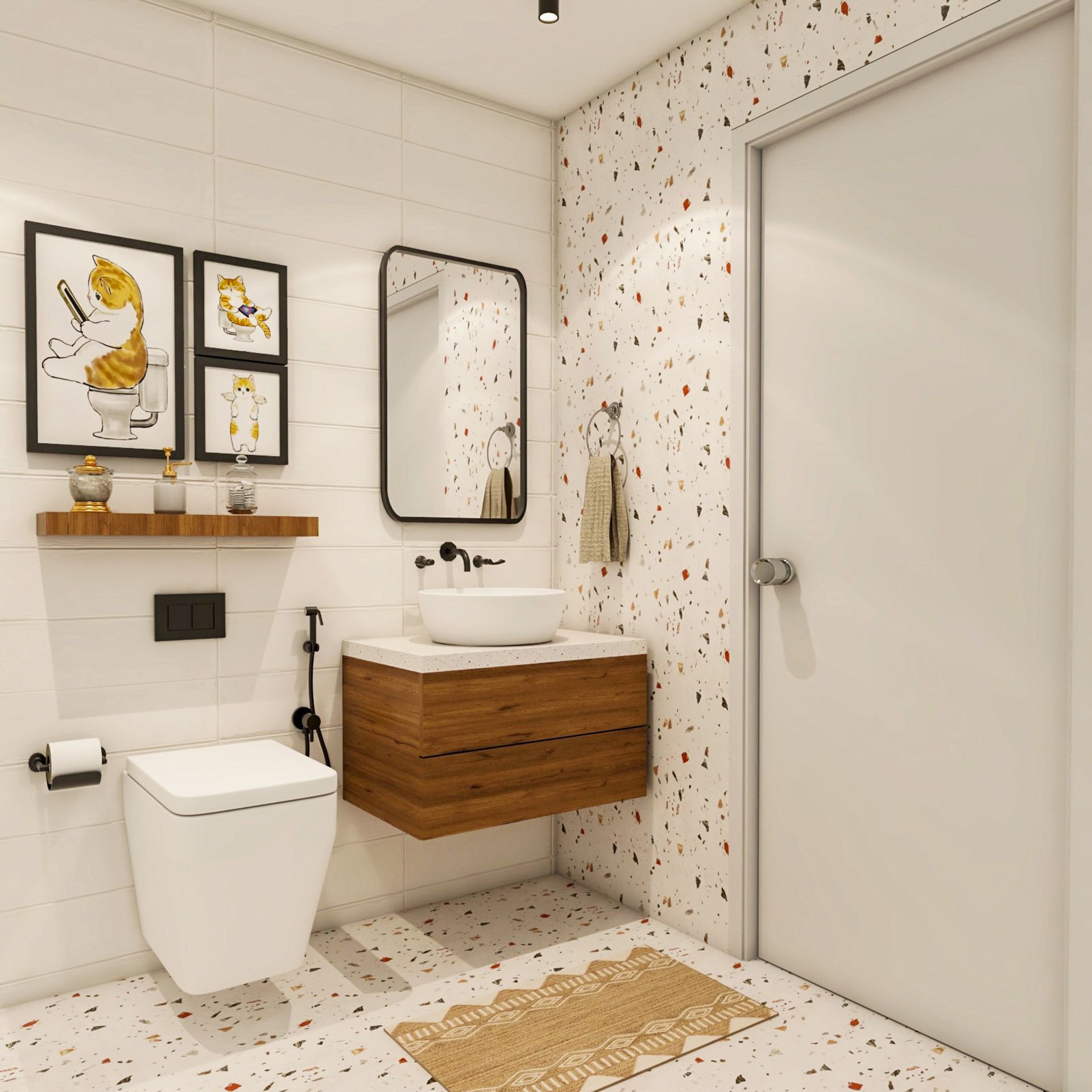 Curated visual reference: Visual Reference: Scandinavian Compact Bathroom Design With Quartz Countertop And Wooden
