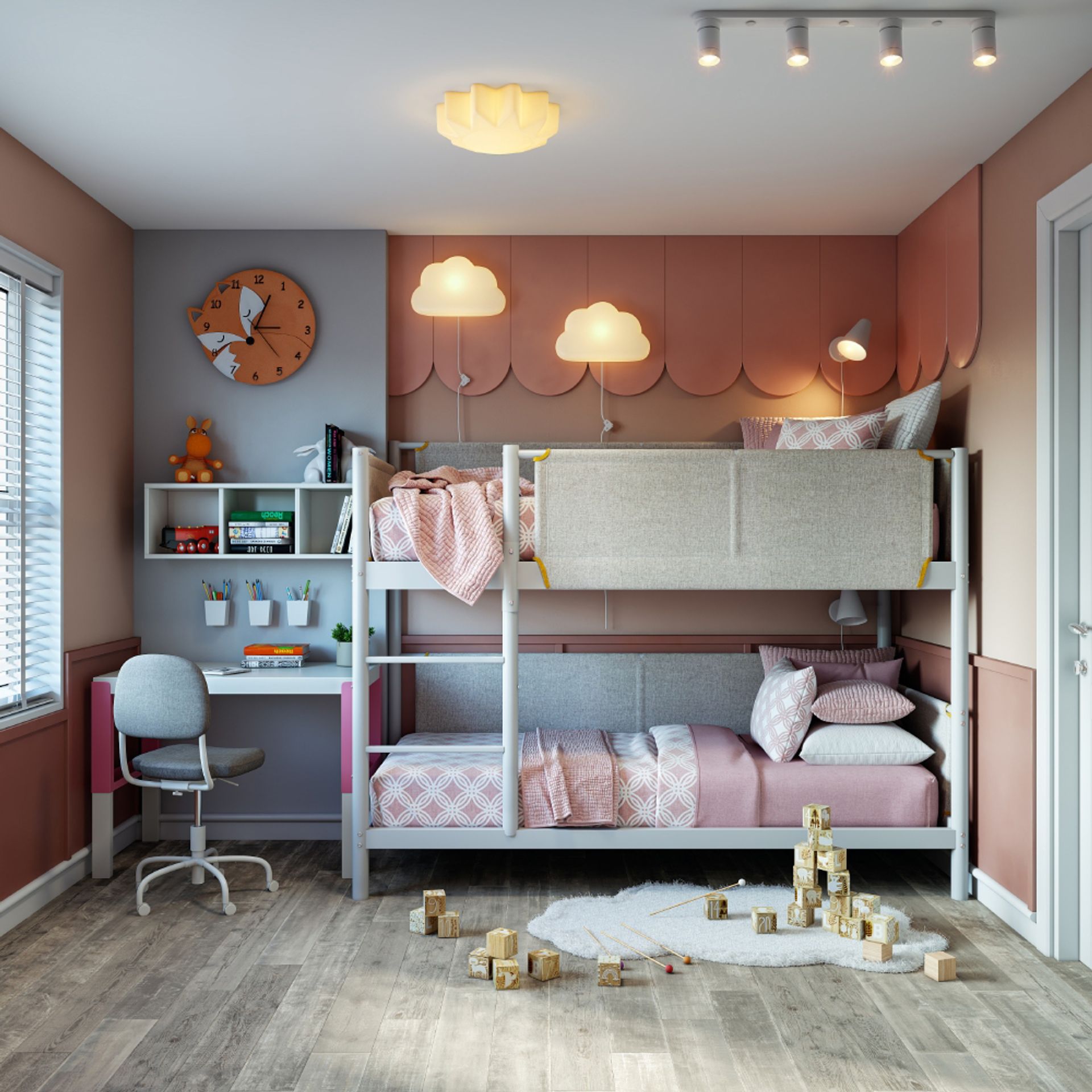 Cosy Shabby Chic Girls Bedroom with Grey Bunk Bed and Pink Accents