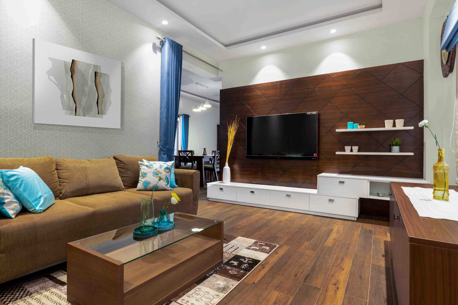 Timeless Modern Living Room with L-Shape Brown Suede Sofa | Livspace