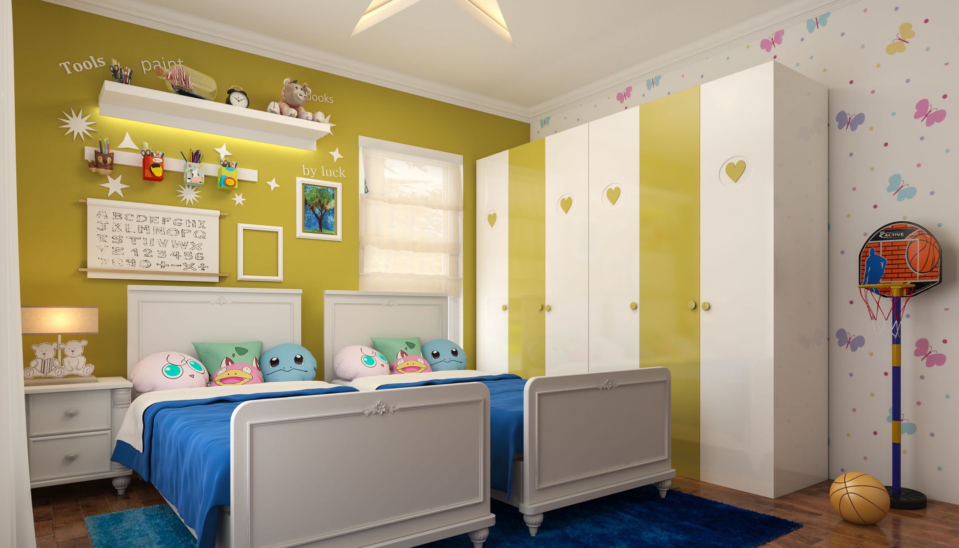 Modern Shared Kids Bedroom Design: Twin Beds, Lamps & Lime Walls | Livspace