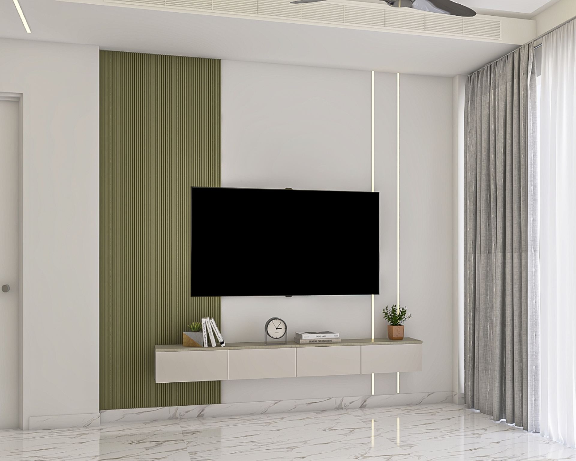 Minimal TV Unit Design: Frosty White with Wall Mounted Drawer Unit