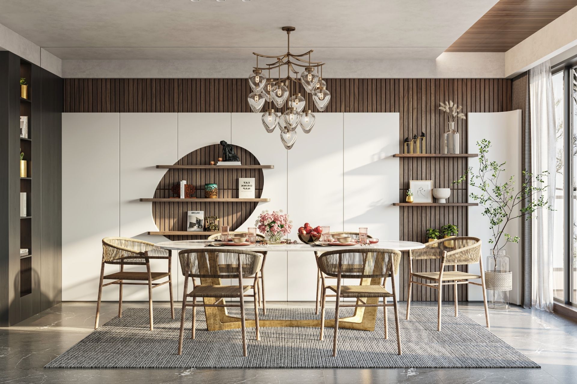 Brown And White Wall Design With Dining Room Wall Panelling | Livspace