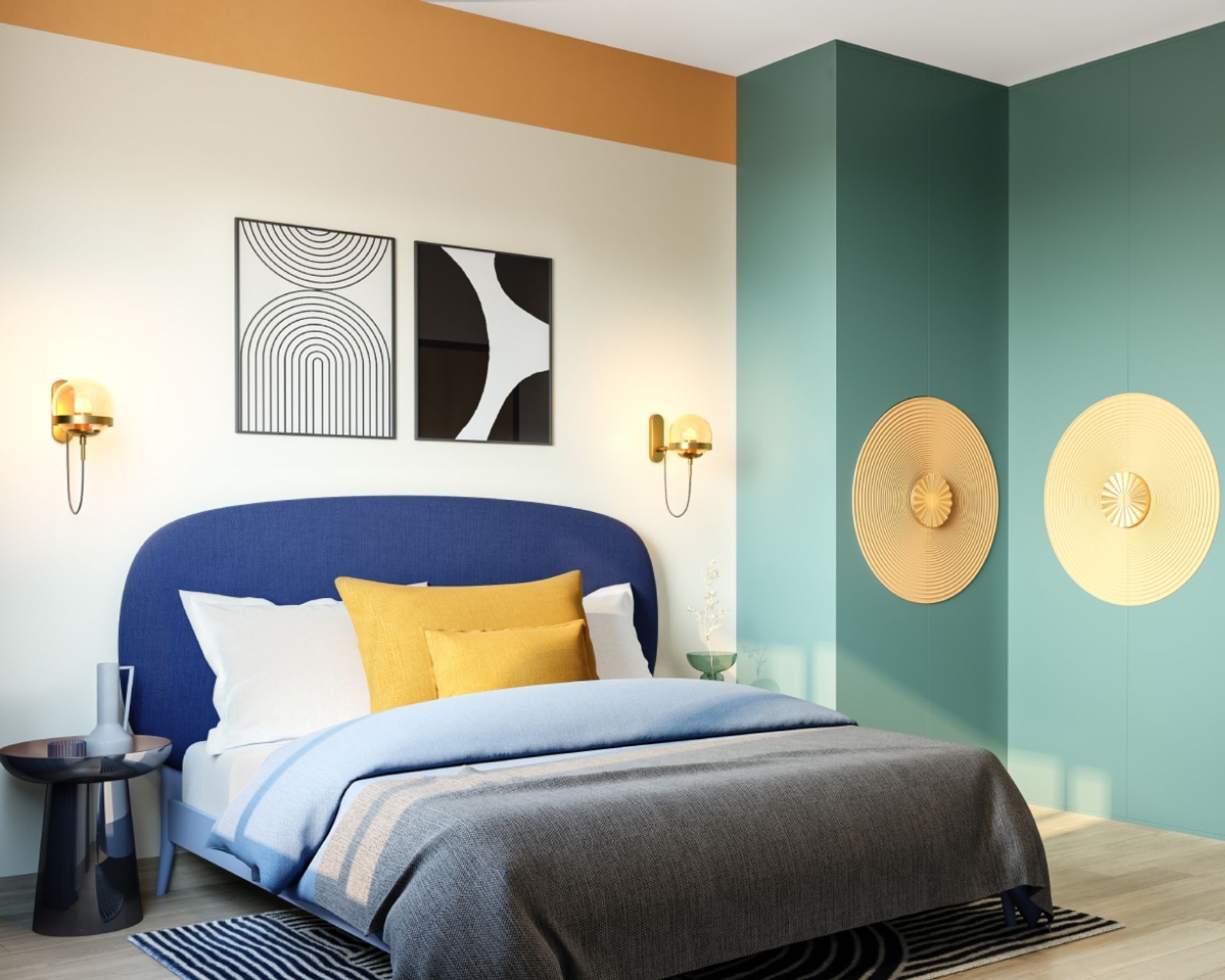 Dual-Toned Cream And Orange Bedroom Wall Paint Design | Livspace