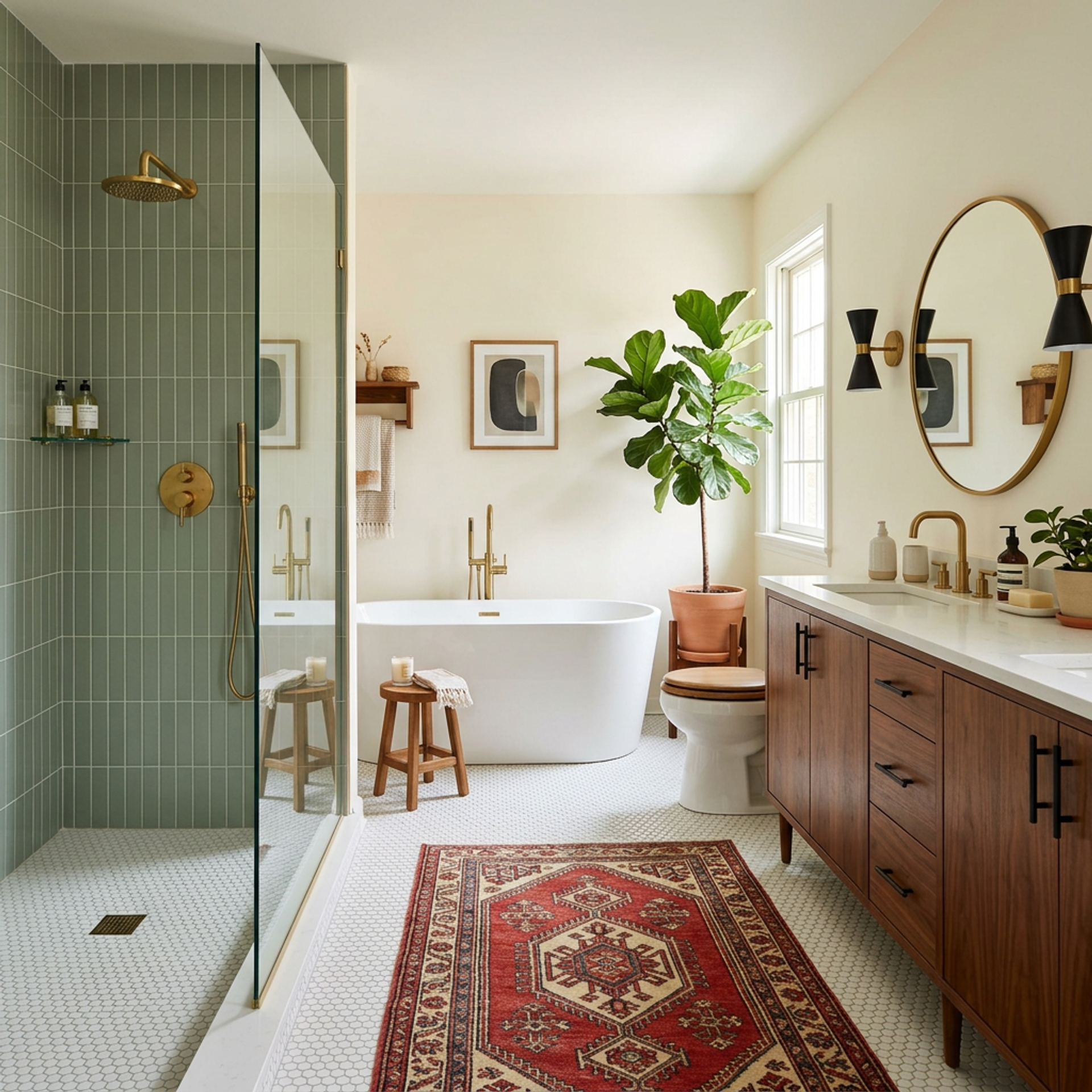 Modern Green and White Bathroom Design with Oval Mirror and Gold Accent ...