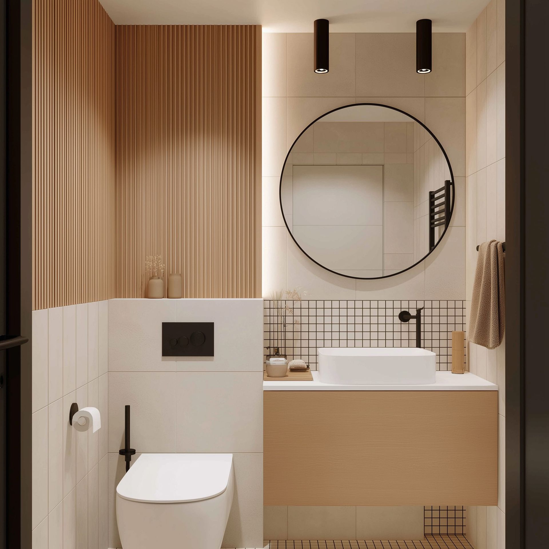 Scandinavian Bathroom Design with Circular Mirror and Mixed Texture ...