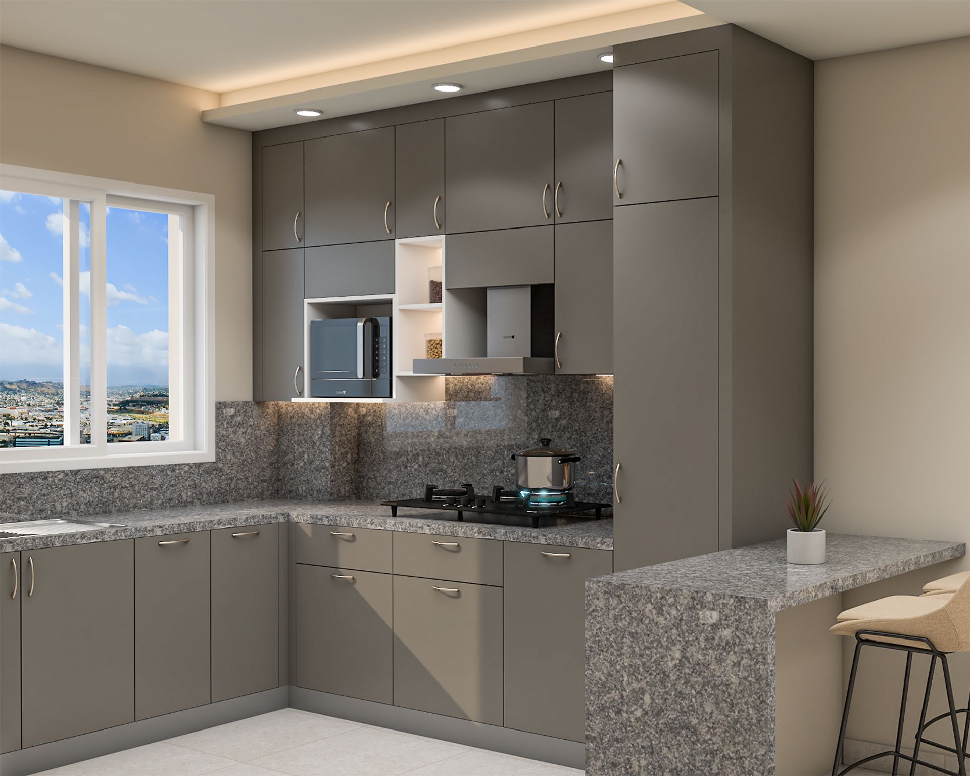 L-Shaped Contemporary Kitchen Design in Grey Finish with Granite ...