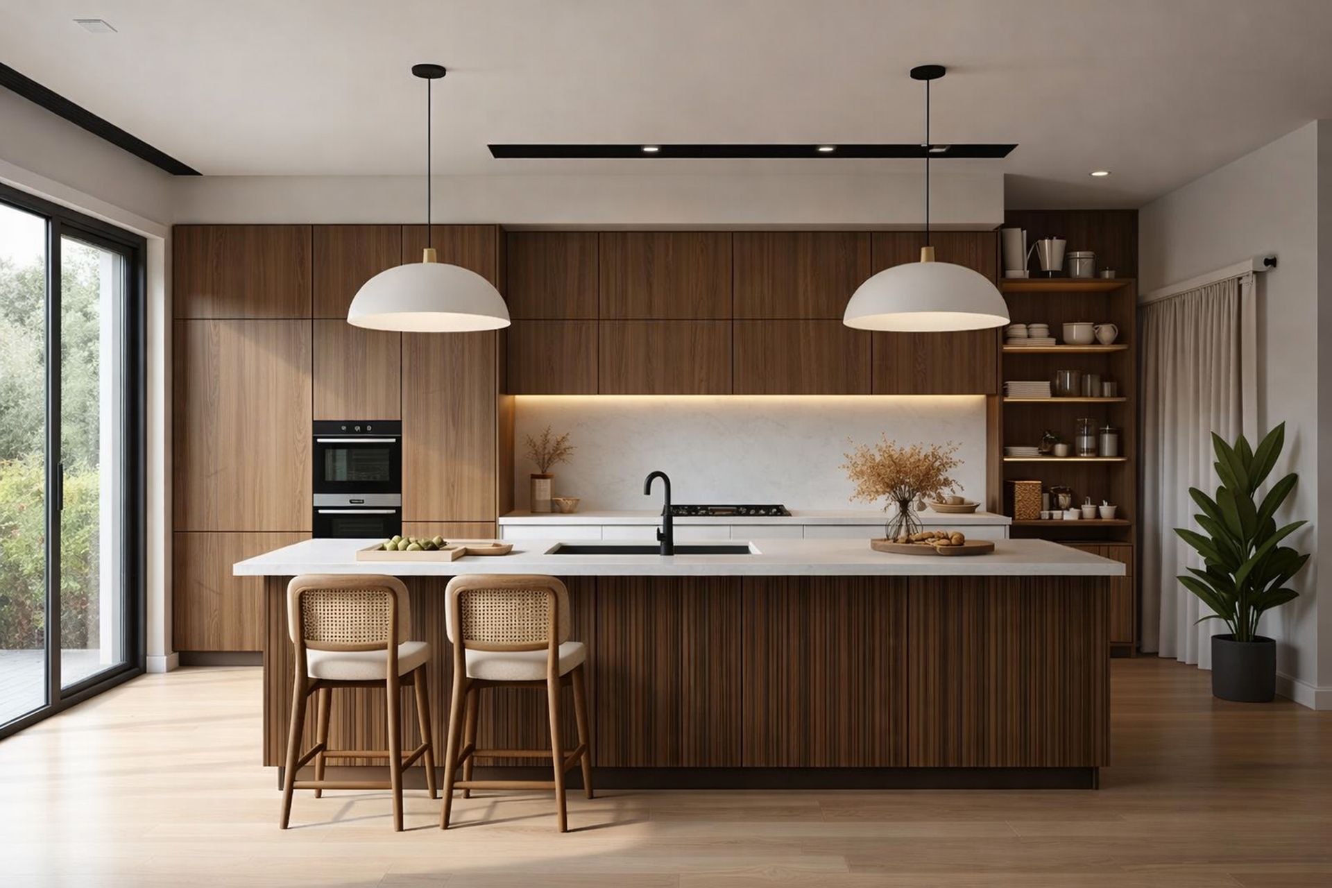 Modern Kitchen Design with Island Counter and Wooden Cabinet Storage ...