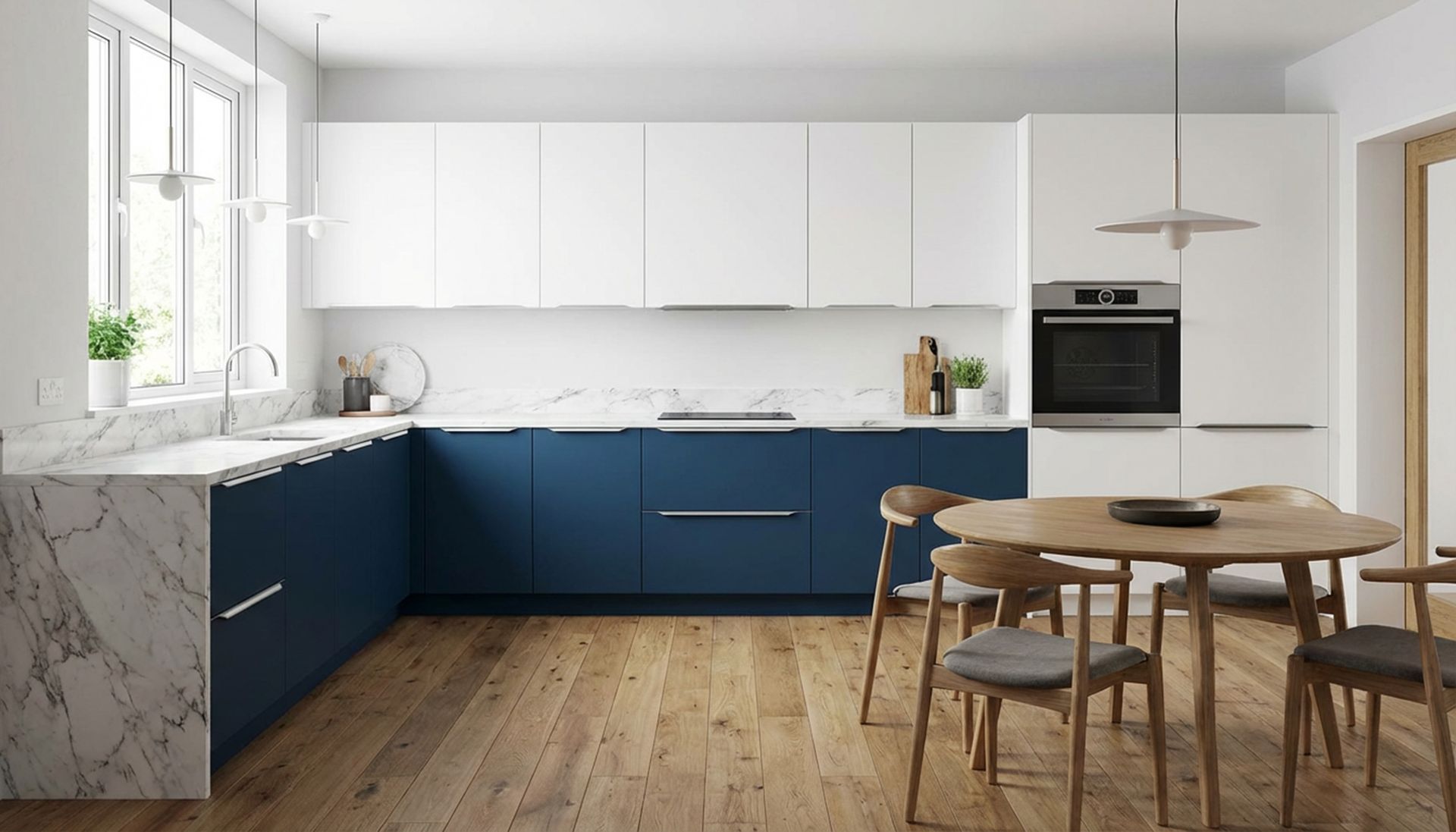 L-Shaped Minimal Shore and White Kitchen Design with Quartz Countertop ...