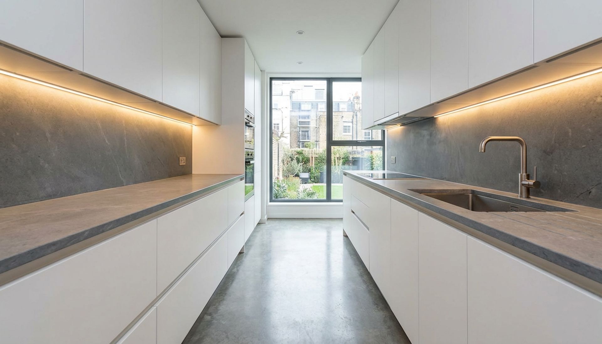 Restaurant Kitchen Parallel Layout Modern Kitchen Design with Parallel Layout and White Storage Cabinets ...