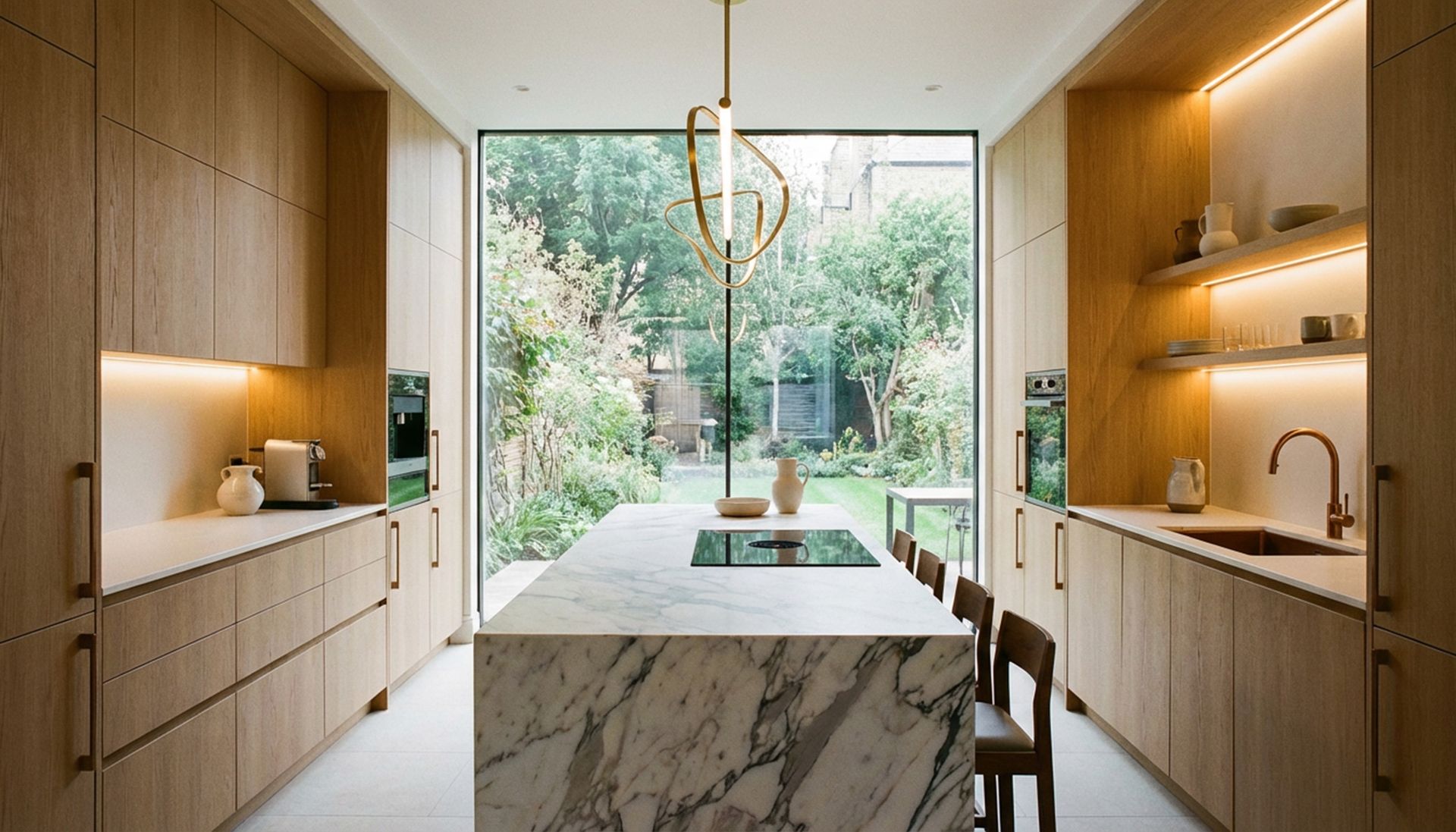 Modern Island Kitchen Design with Walnut Storage Cabinets and Quartz ...