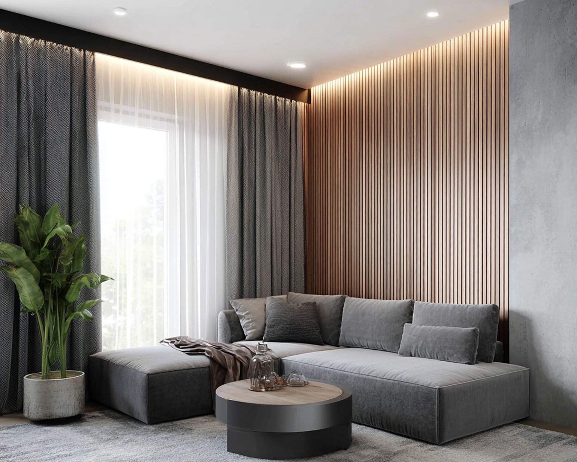 Contemporary Living Room Design with Slatted Wall and Grey L-Shaped ...
