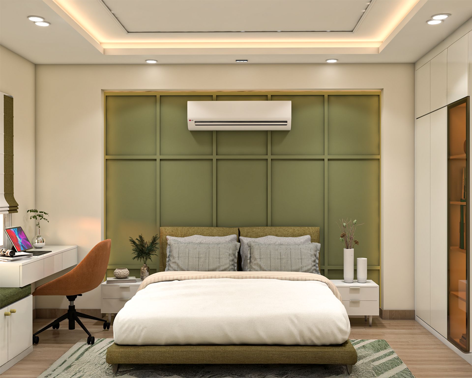 Sage Green Contemporary Bedroom Wall Paint Design with Wall Trims ...