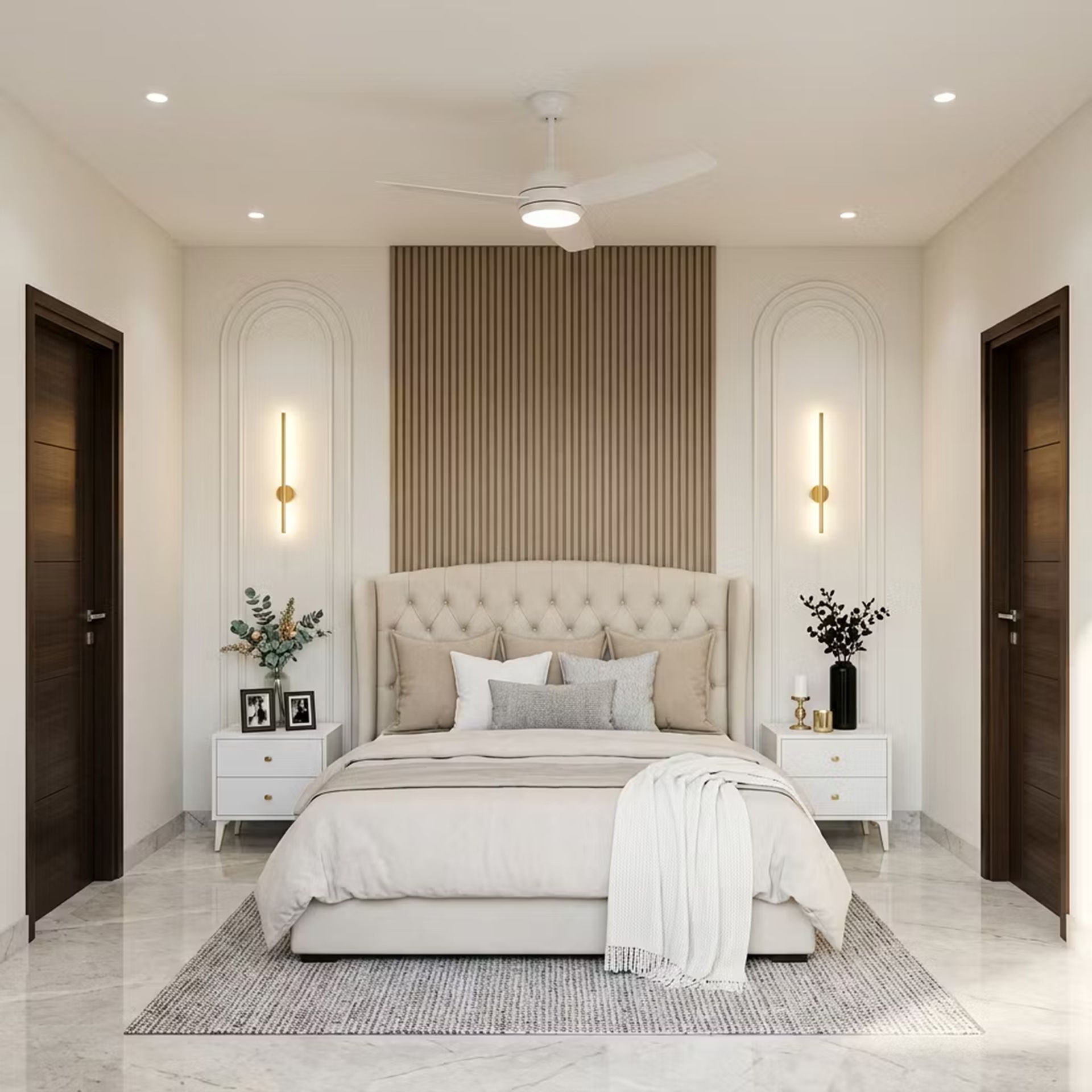 Contemporary Master Bedroom Design with Slatted Wall and Beige Bed ...