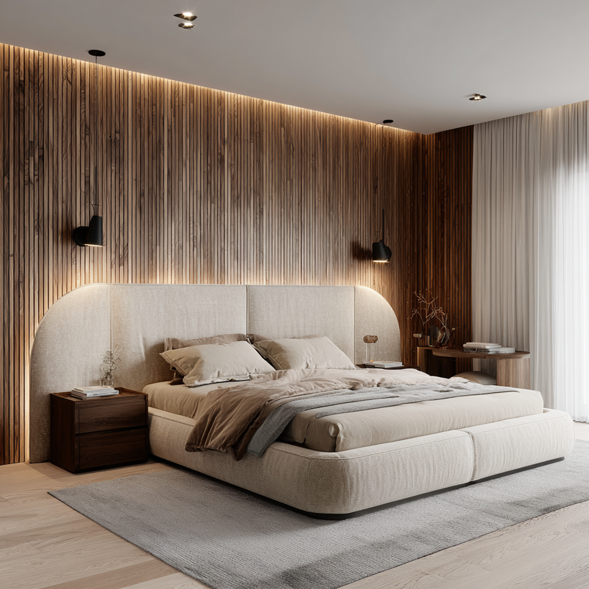 Contemporary Master Bedroom Design with Wooden Accent Wall and Queen ...