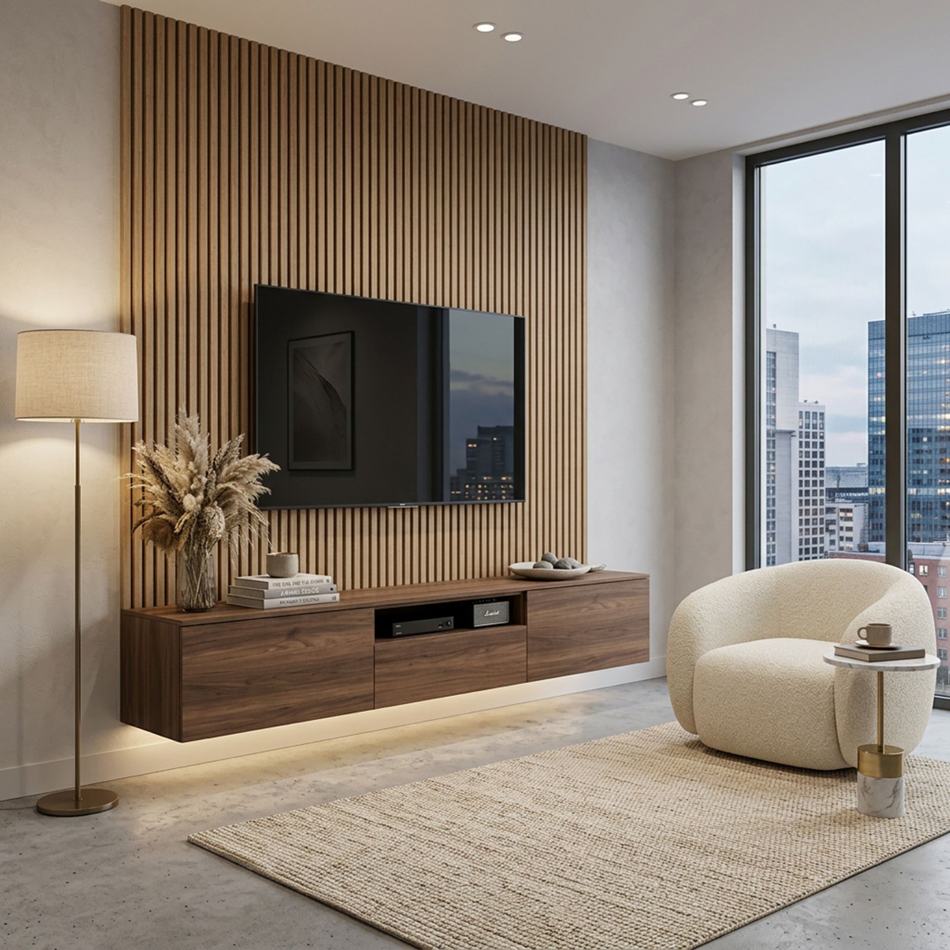 Contemporary Dark-Walnut TV Unit Design with Wooden Slat Wall and ...