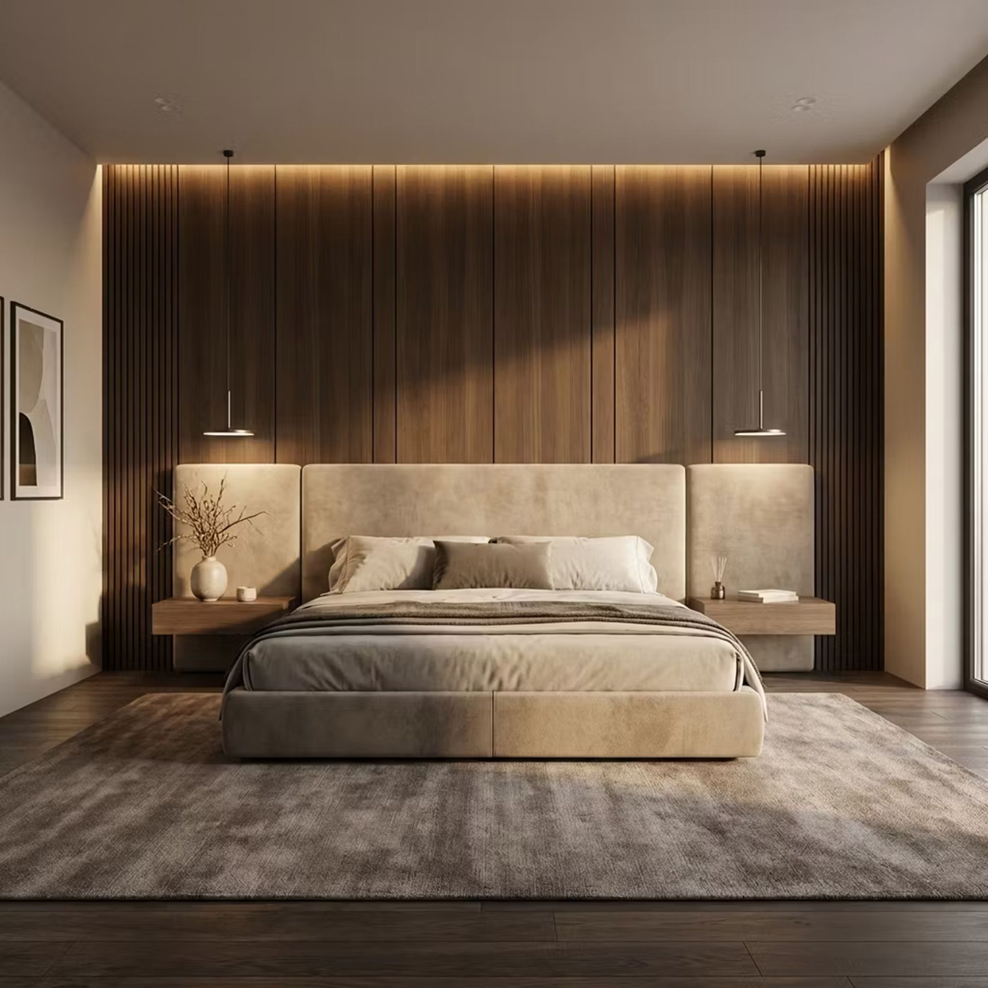 Modern Bedroom Wall Design with Vertical Fluted Brown Wood Paneling ...