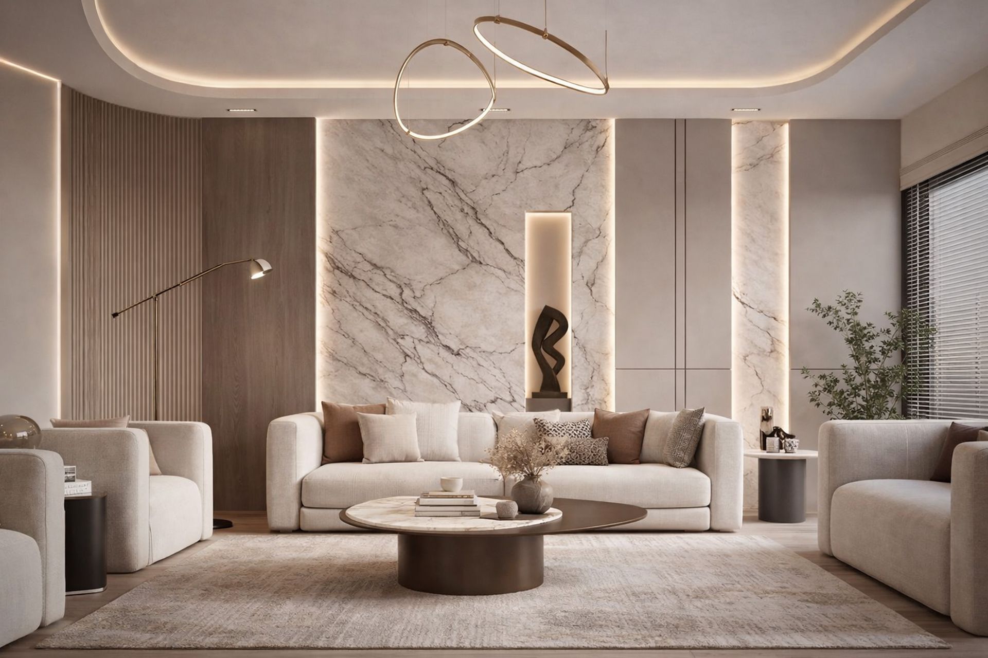 Contemporary Beige and Walnut Wall Design with Built In Niche and Soft ...