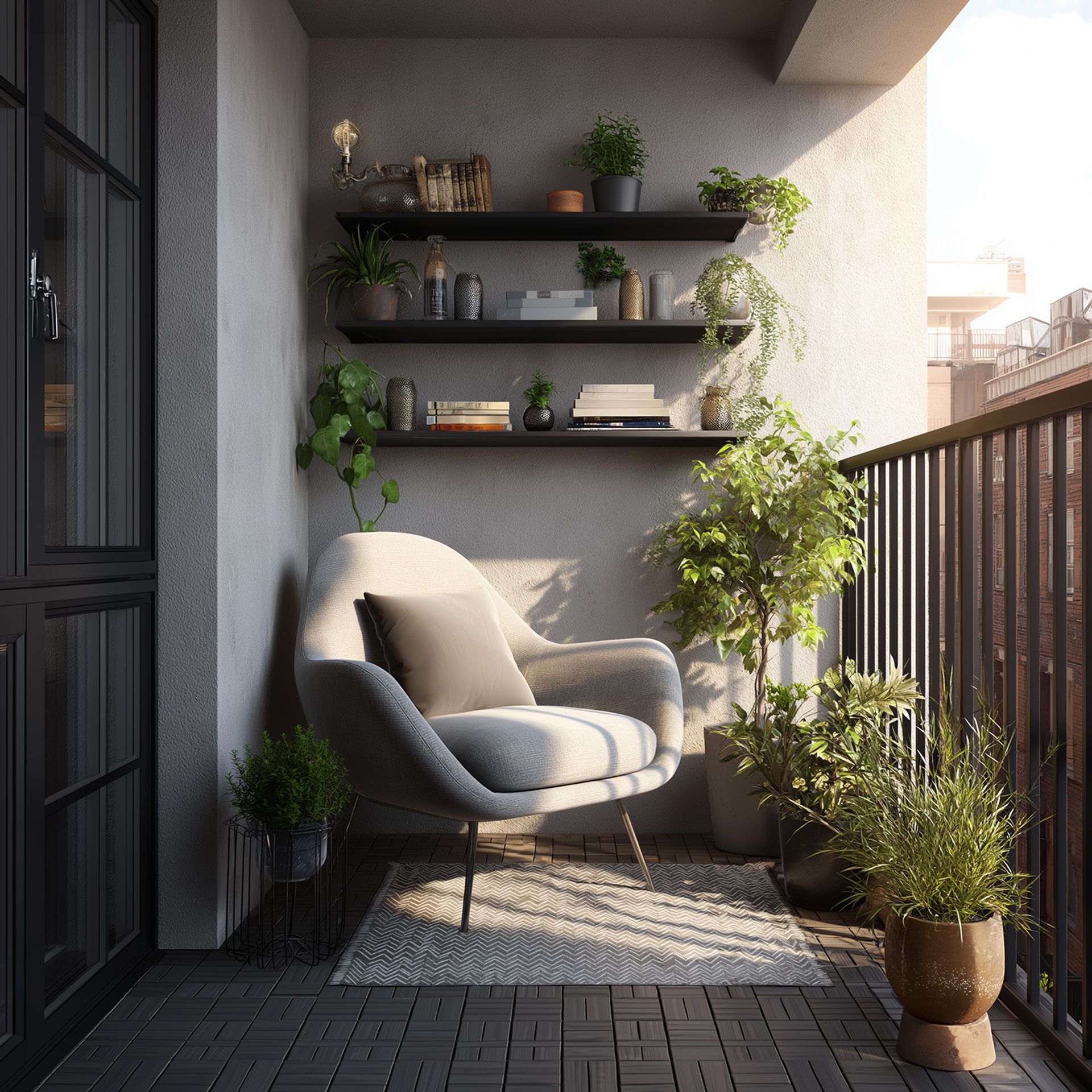 Contemporary Balcony Design with Reading Nook and Wall Display Shelves ...