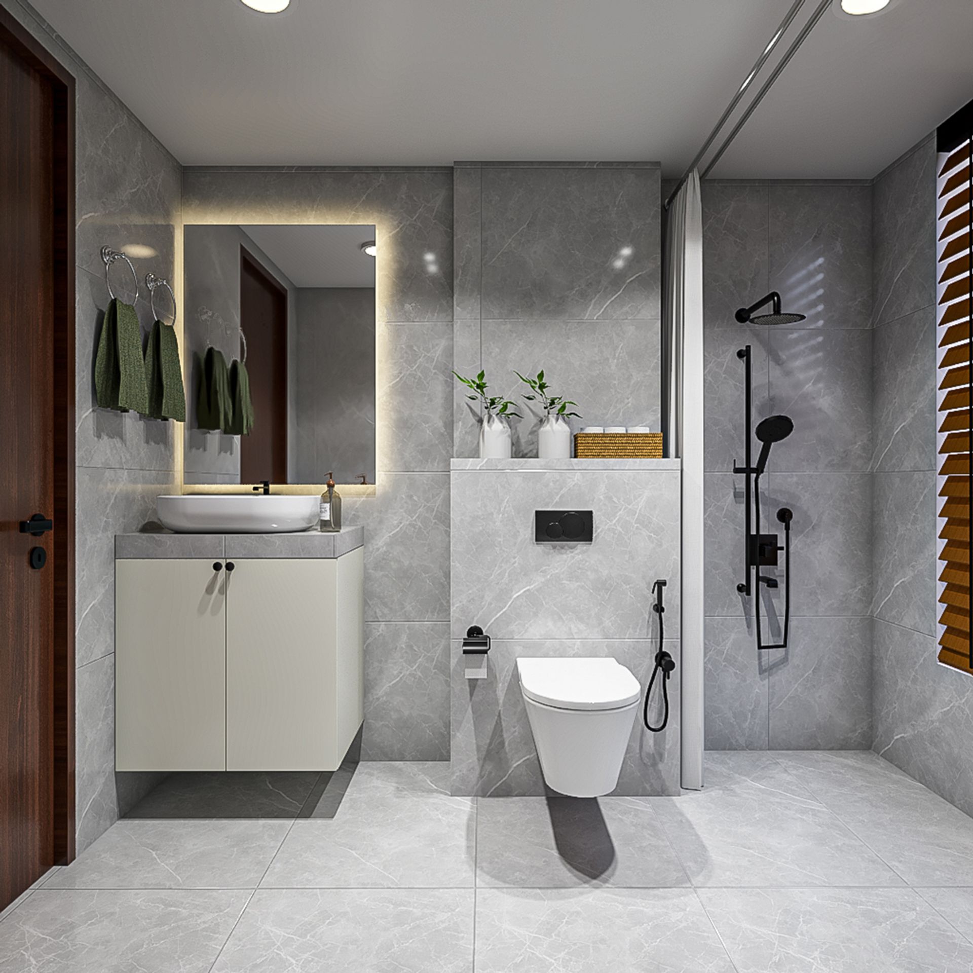Bathroom Design with Contemporary Marble Tiles and Floating Vanity ...