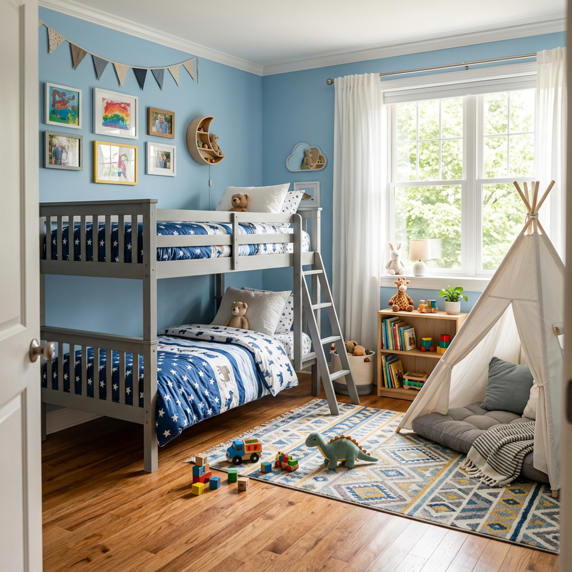 Contemporary Kids Bedroom Design with Grey Bunk Bed with Ladder and ...