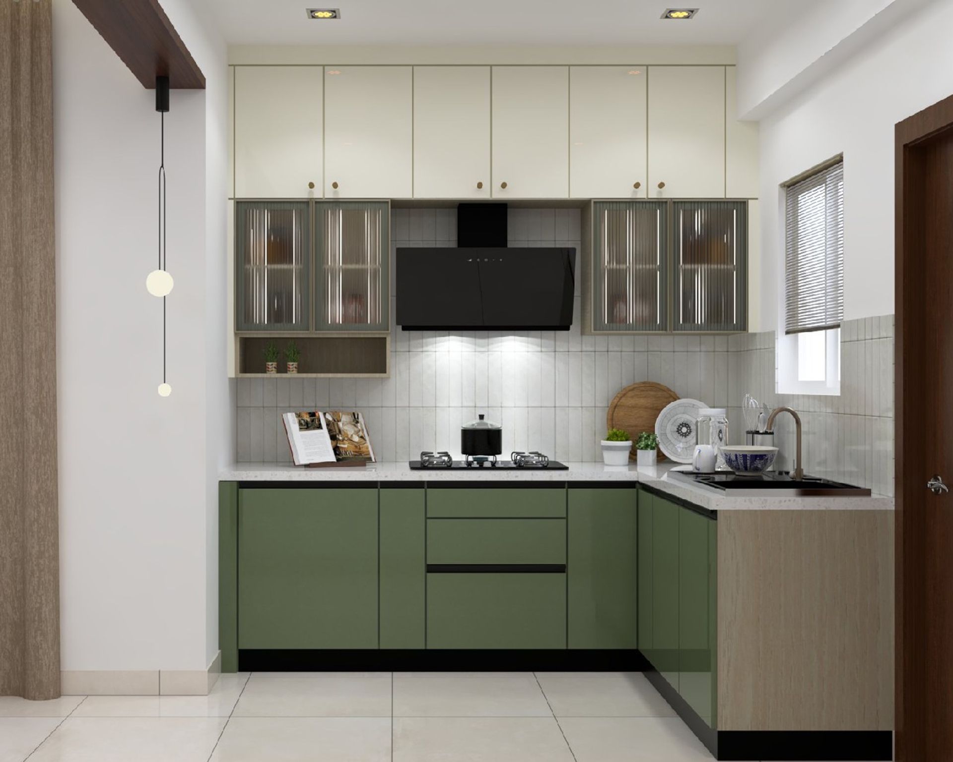 Blue and White Contemporary L-Shaped Kitchen Design with Quartz ...