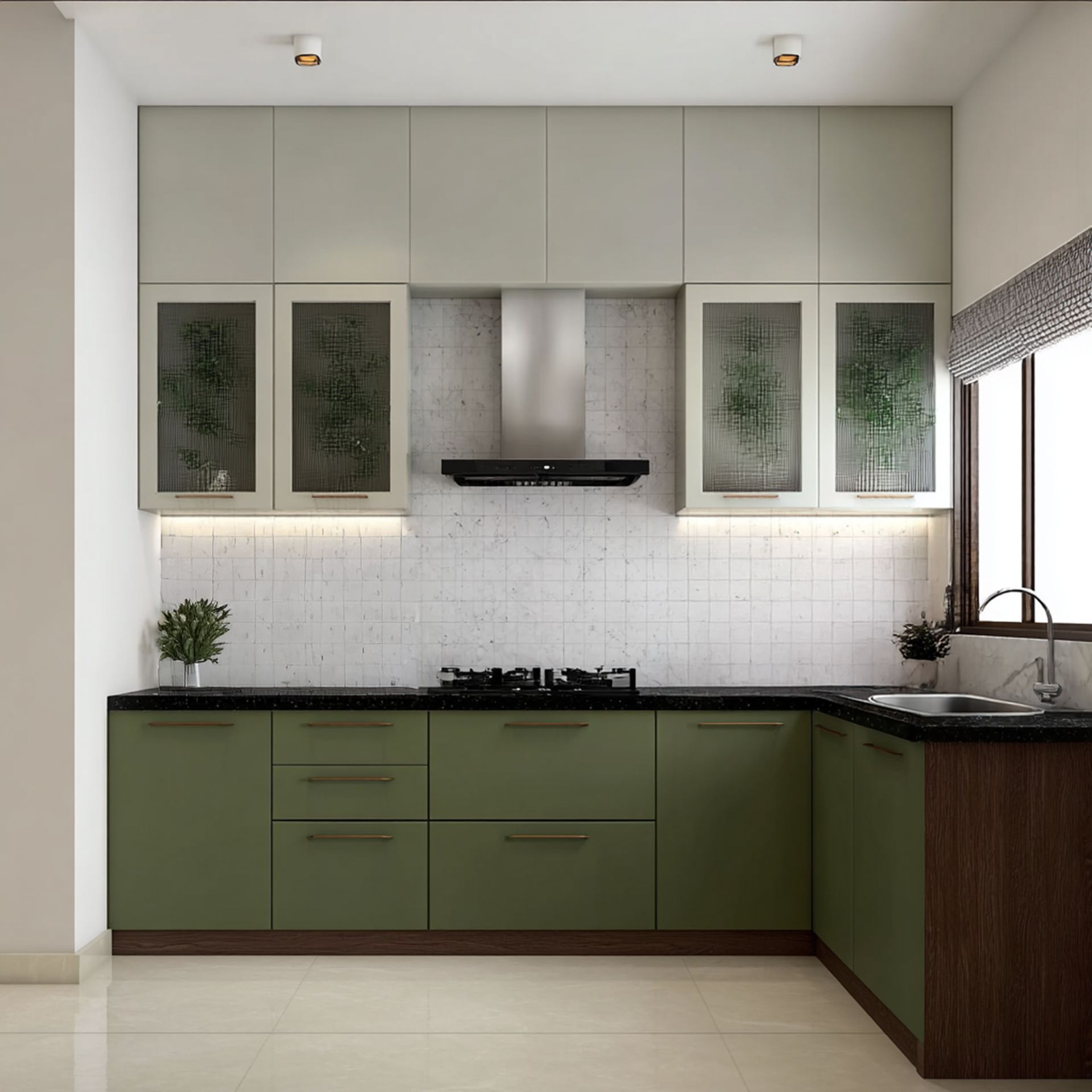 White and Grey Contemporary L-Shaped Kitchen Design with Glass Cabinets ...