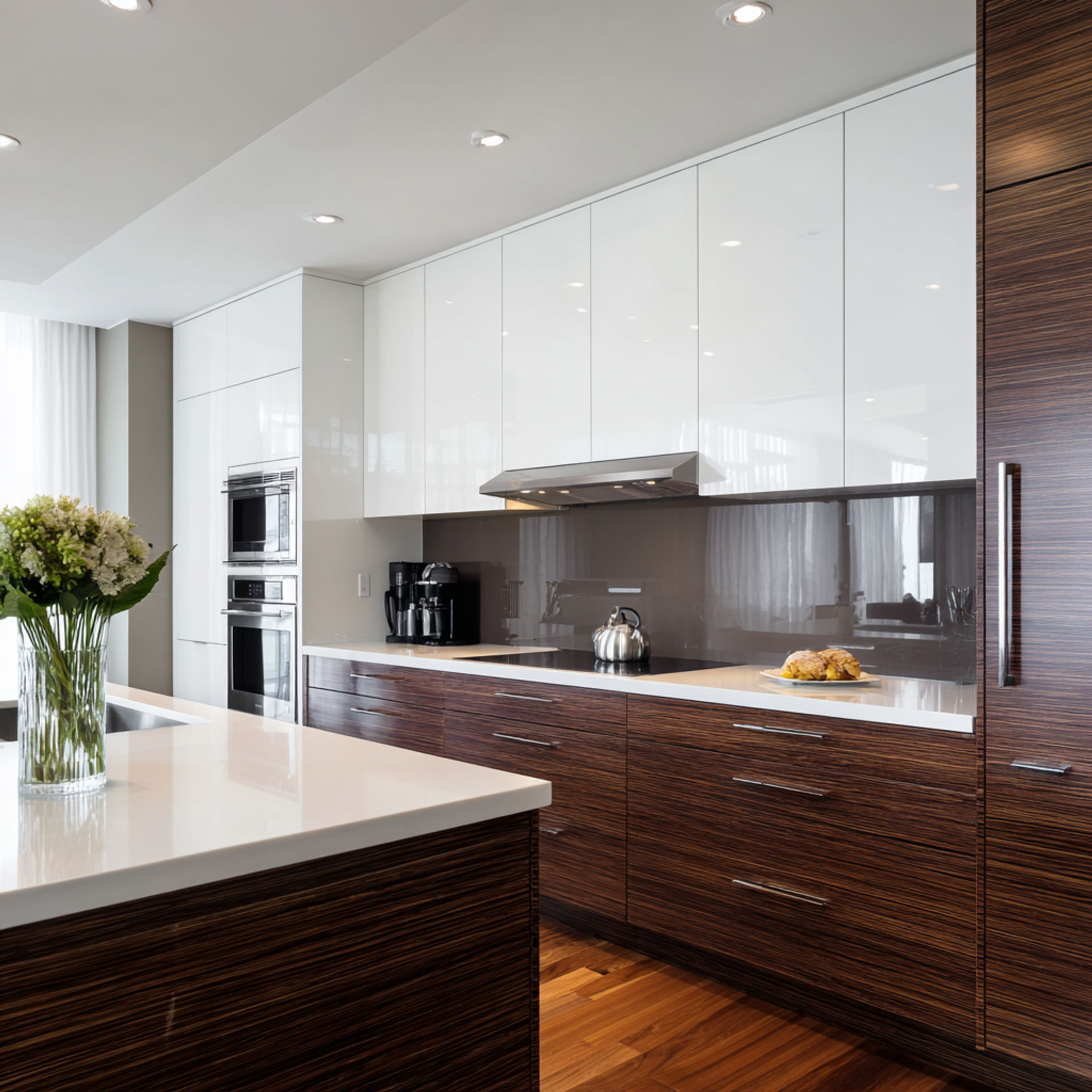 White and Acacia Mid Century Modern Island Kitchen Design with Quartz ...