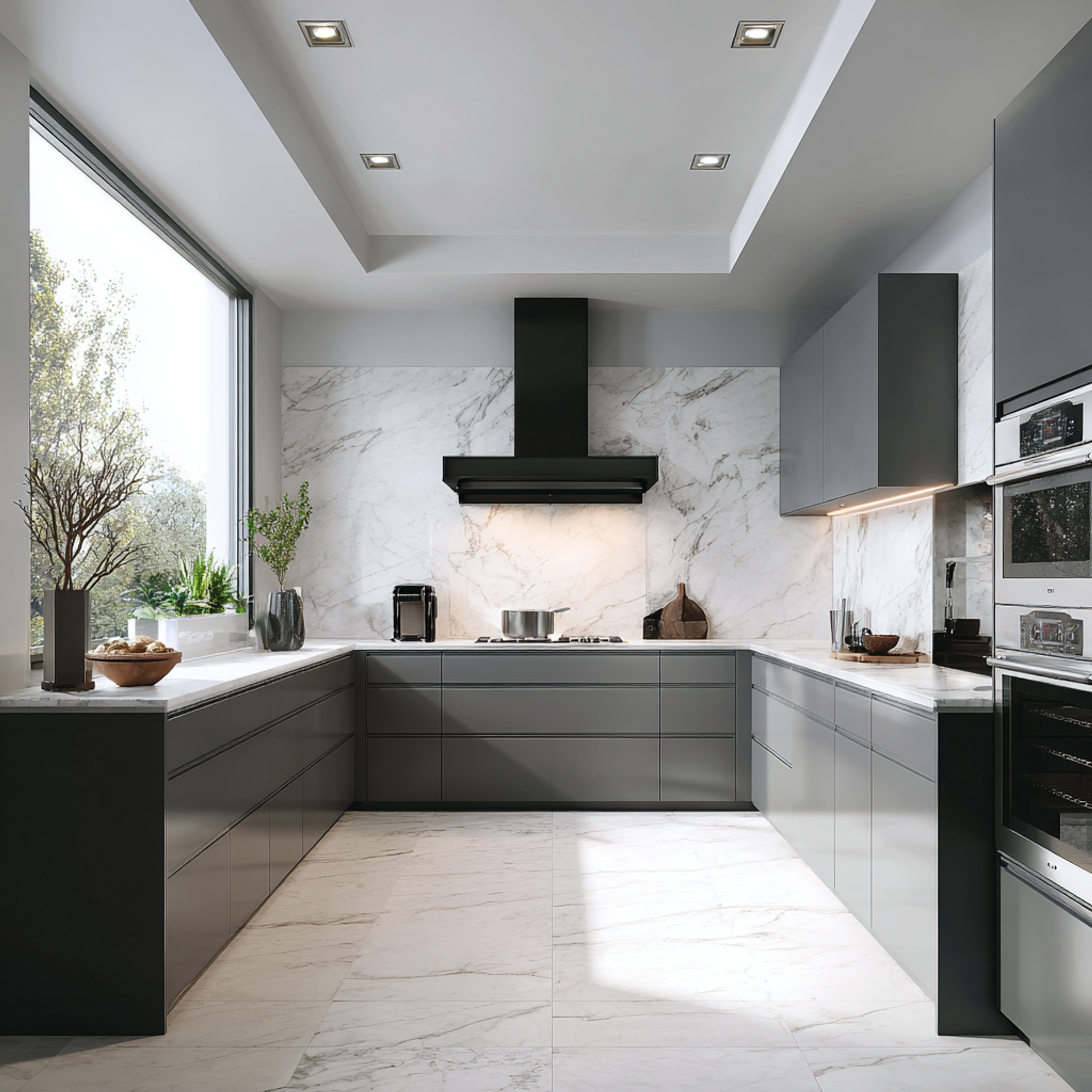 U-Shaped Modern Kitchen Design with Quartz Countertop and Glossy ...