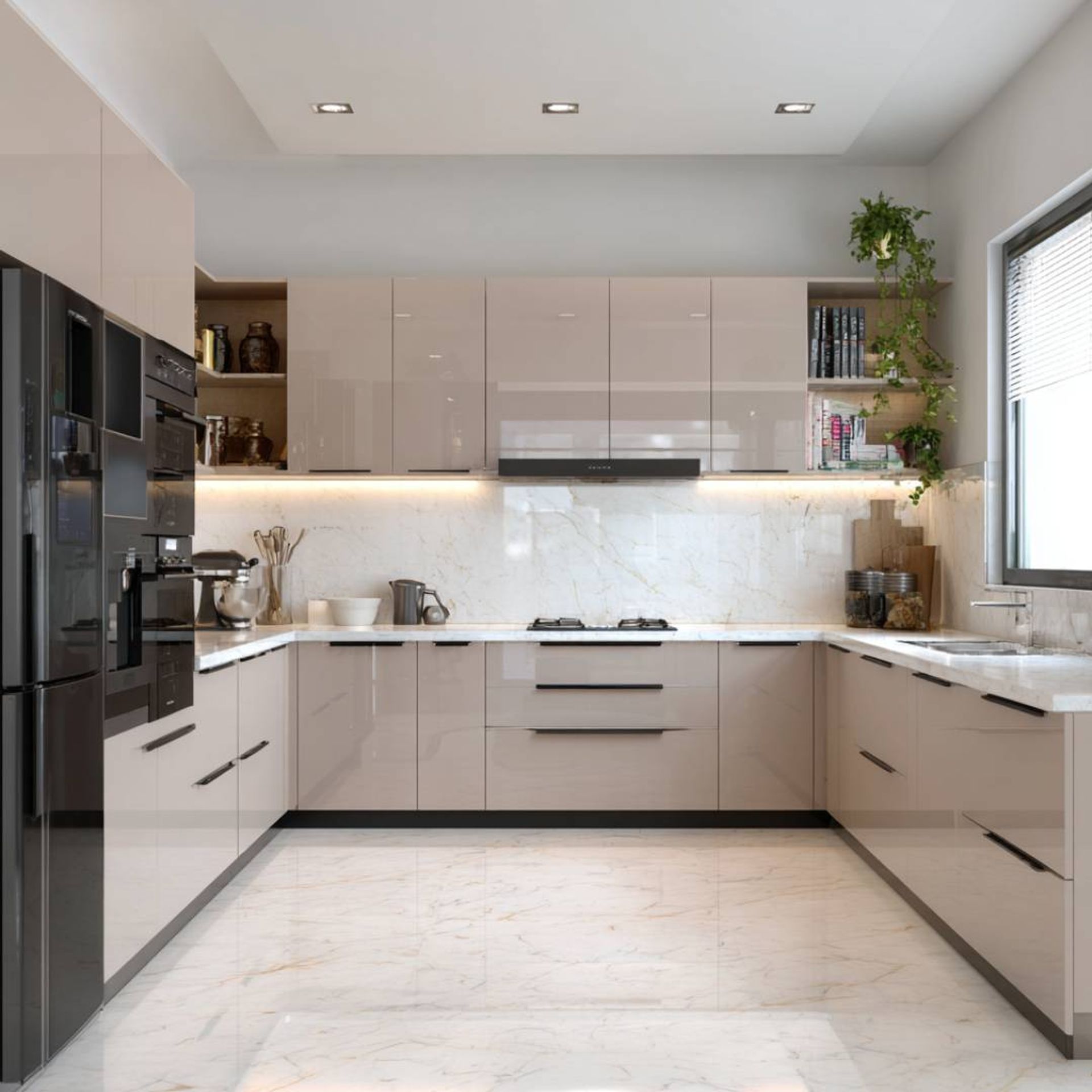 Cream and Walnut Modern U-Shaped Kitchen Design with Quartz Countertop ...