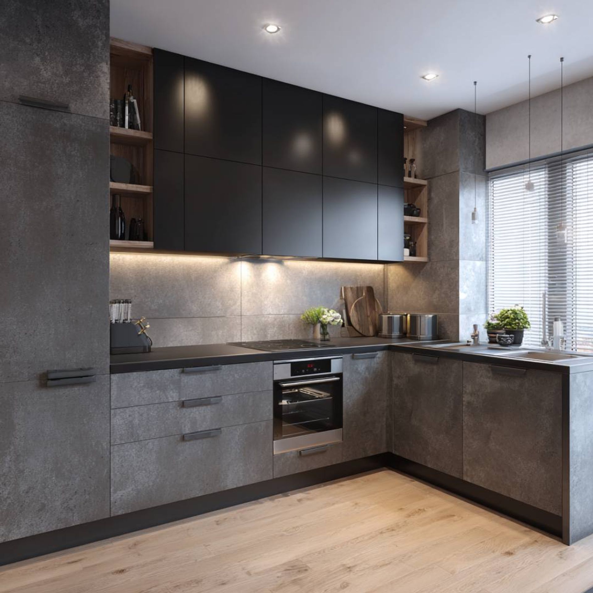 L-Shaped Rustic Kitchen Design with Black Granite Countertop and Wooden ...